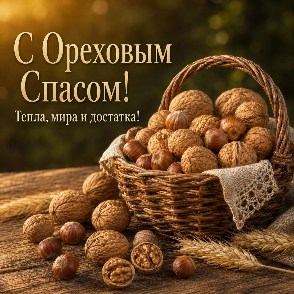 Открытка с Ореховым Спасом с корзиной орехов