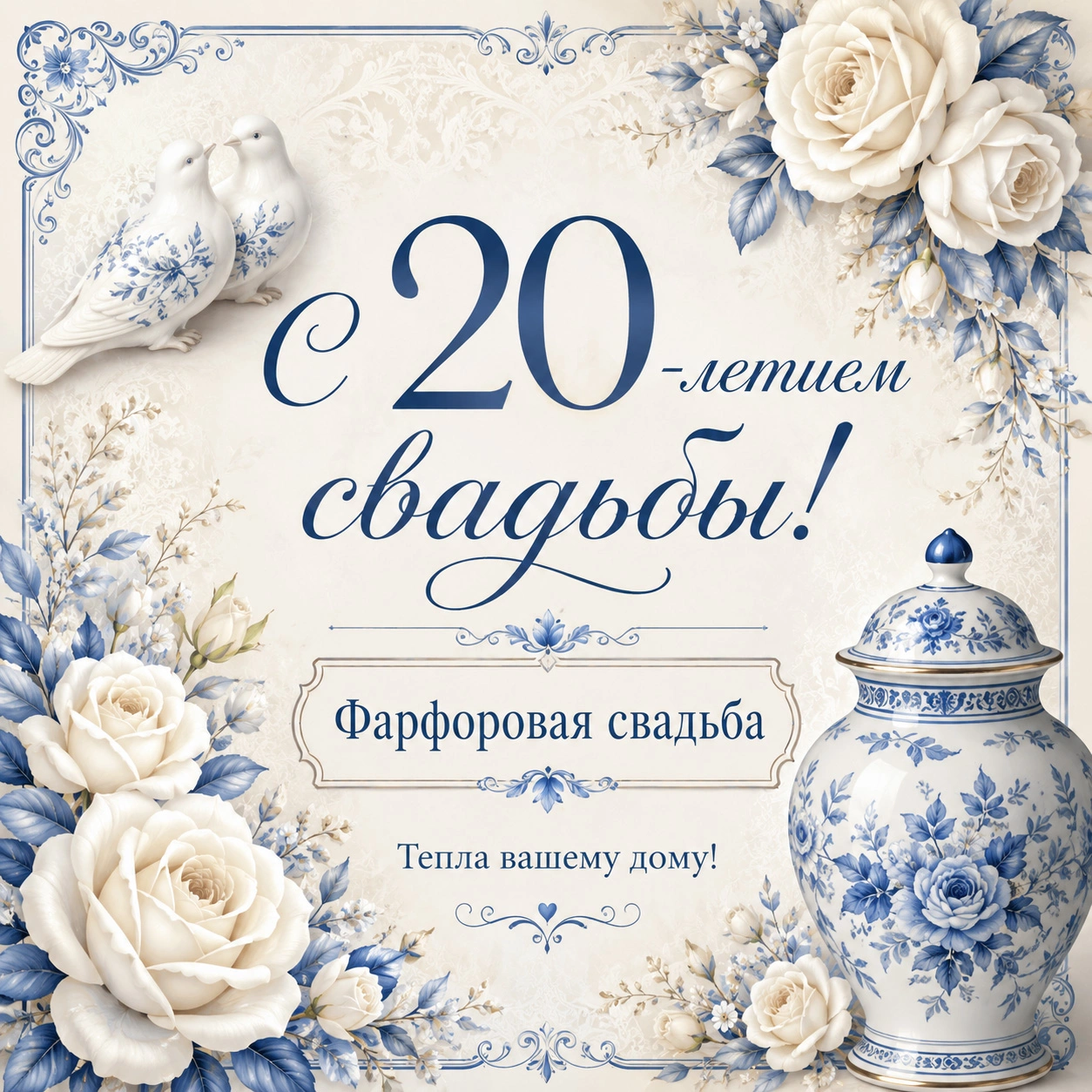 Открытка с 20-летием свадьбы и пожеланием «Тепла вашему дому!»