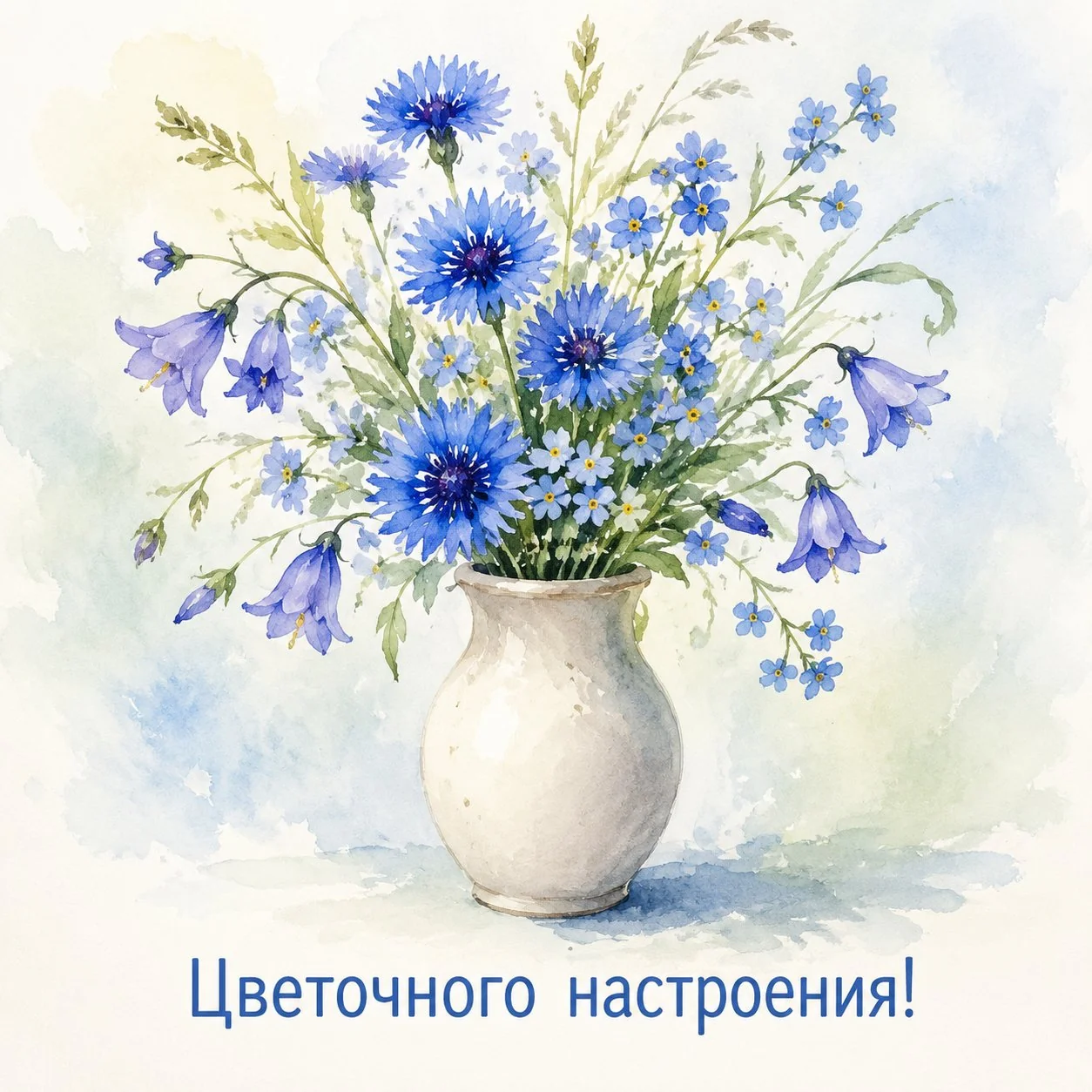 Красивая акварельная открытка с букетом и пожеланием цветочного настроения