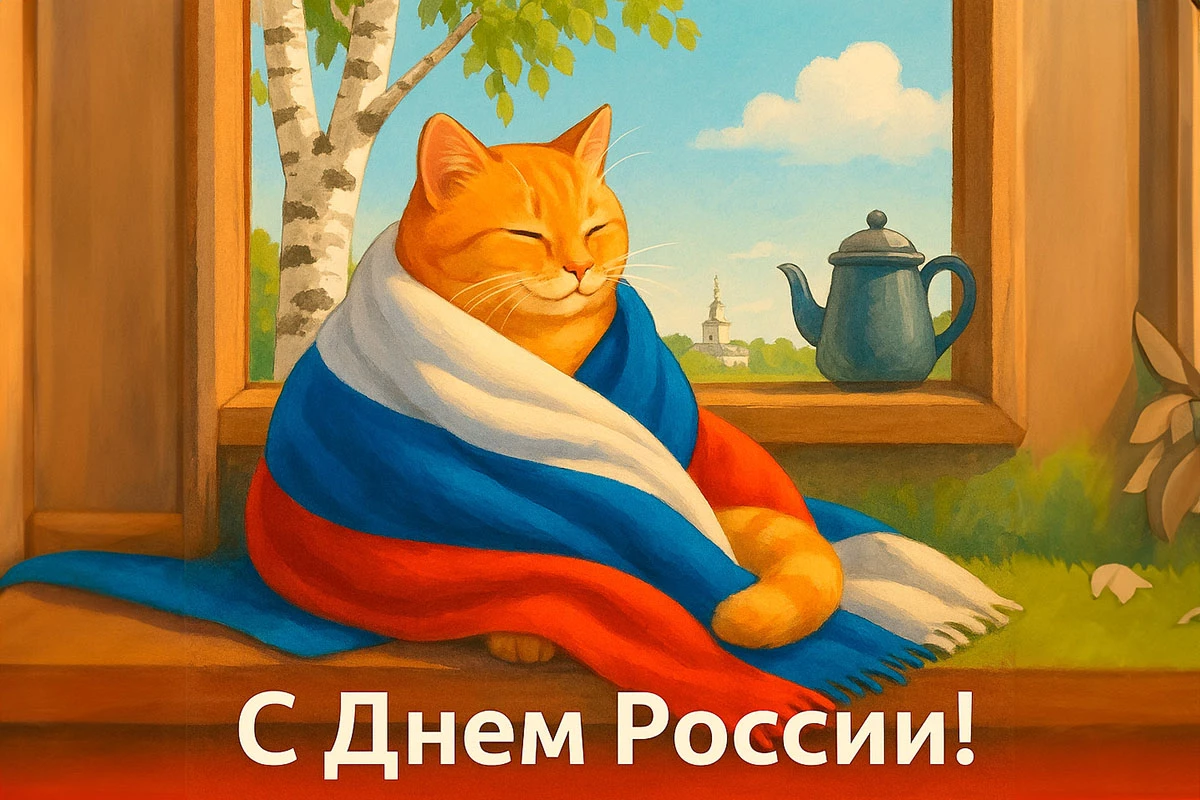 Уютная открытка с Днем России с рыжим котом