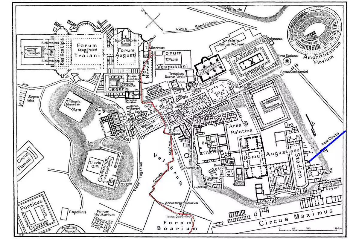 Карта канализации (Cloaca Maxima, красная) Древнего Рима