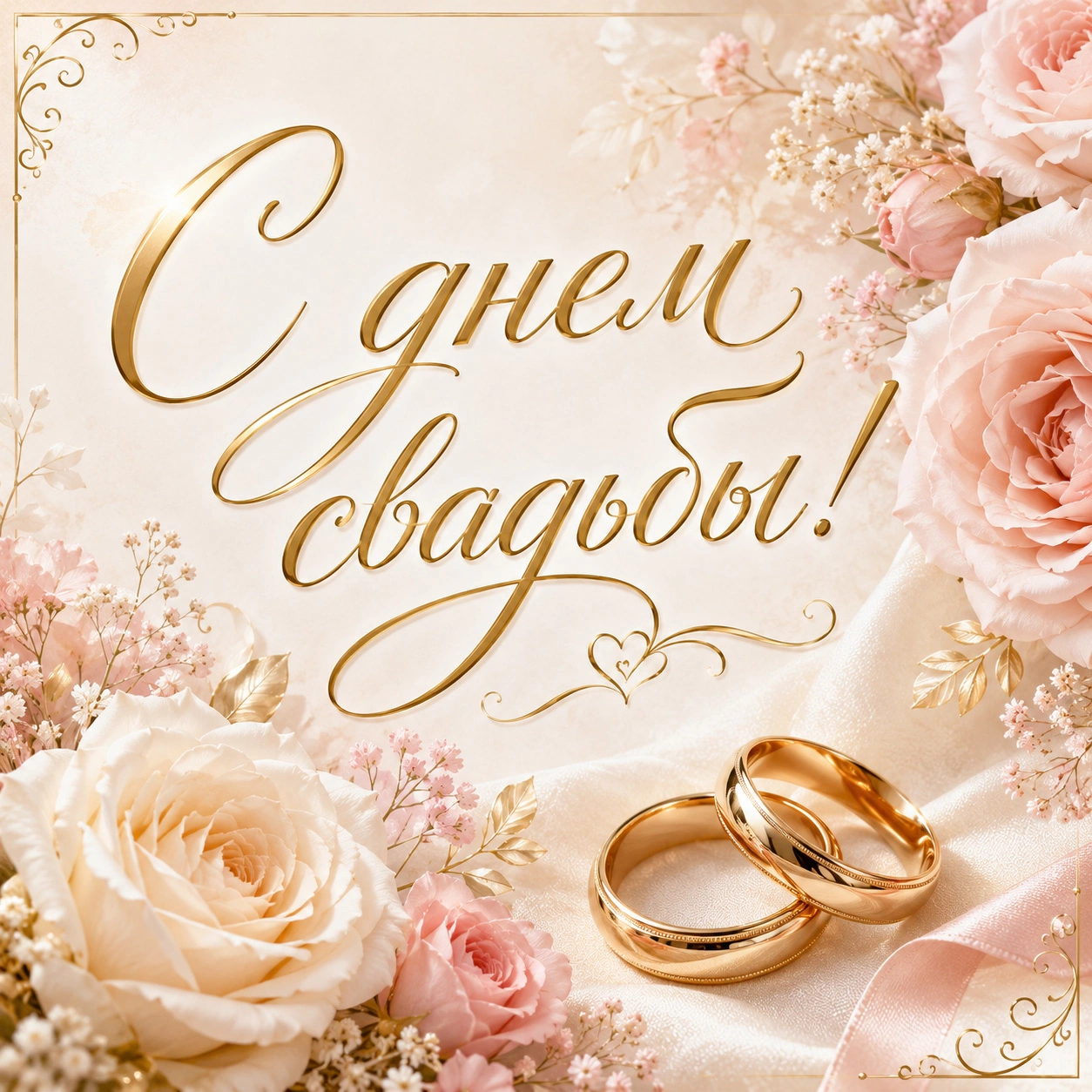 Элегантная открытка с надписью «С днем свадьбы!»