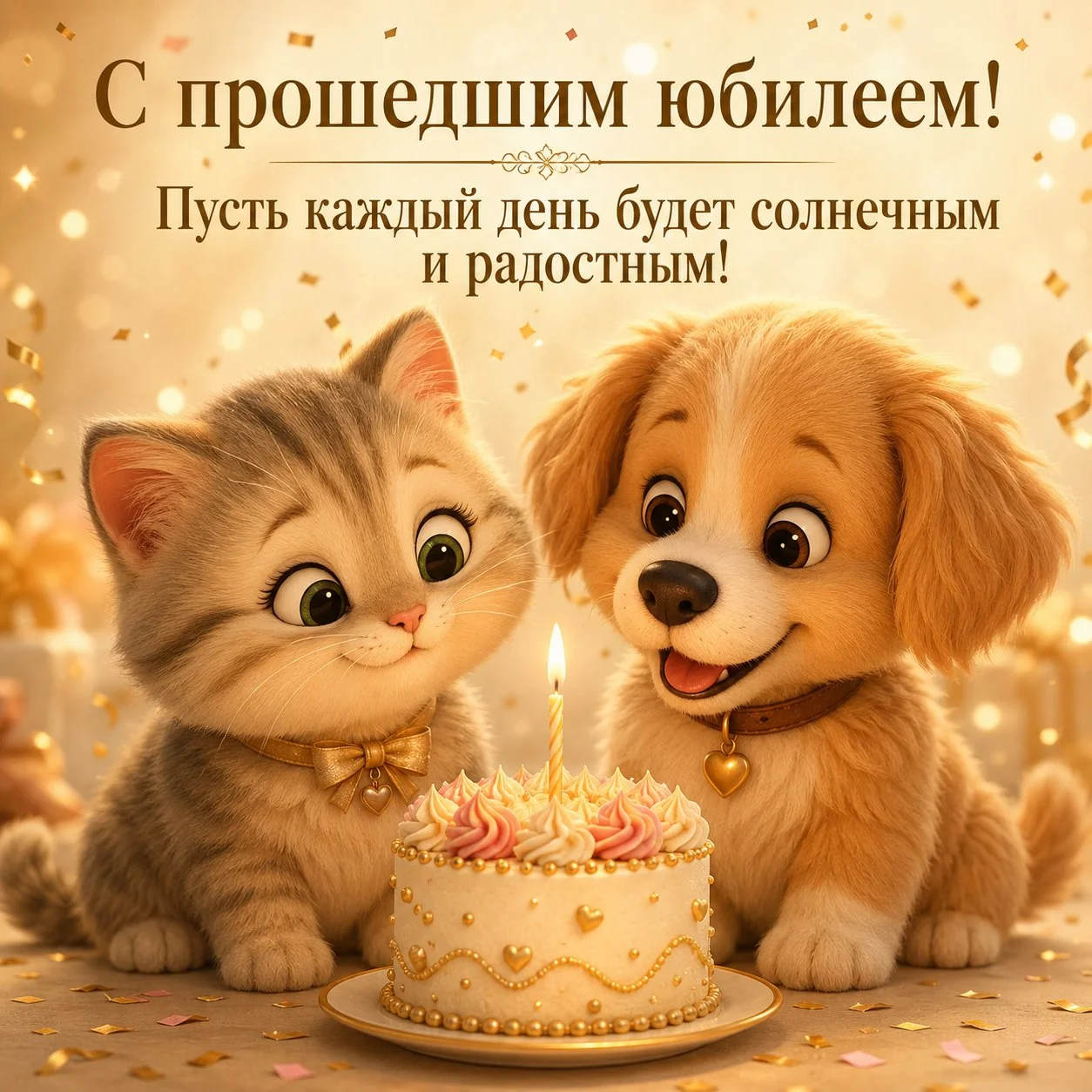 Милая открытка с прошедшим юбилеем с кошкой и собакой