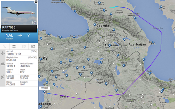 Маршрут российского самолета Ту-154, вылетевшего из России в Сирию, по данным сервиса Flightradar24