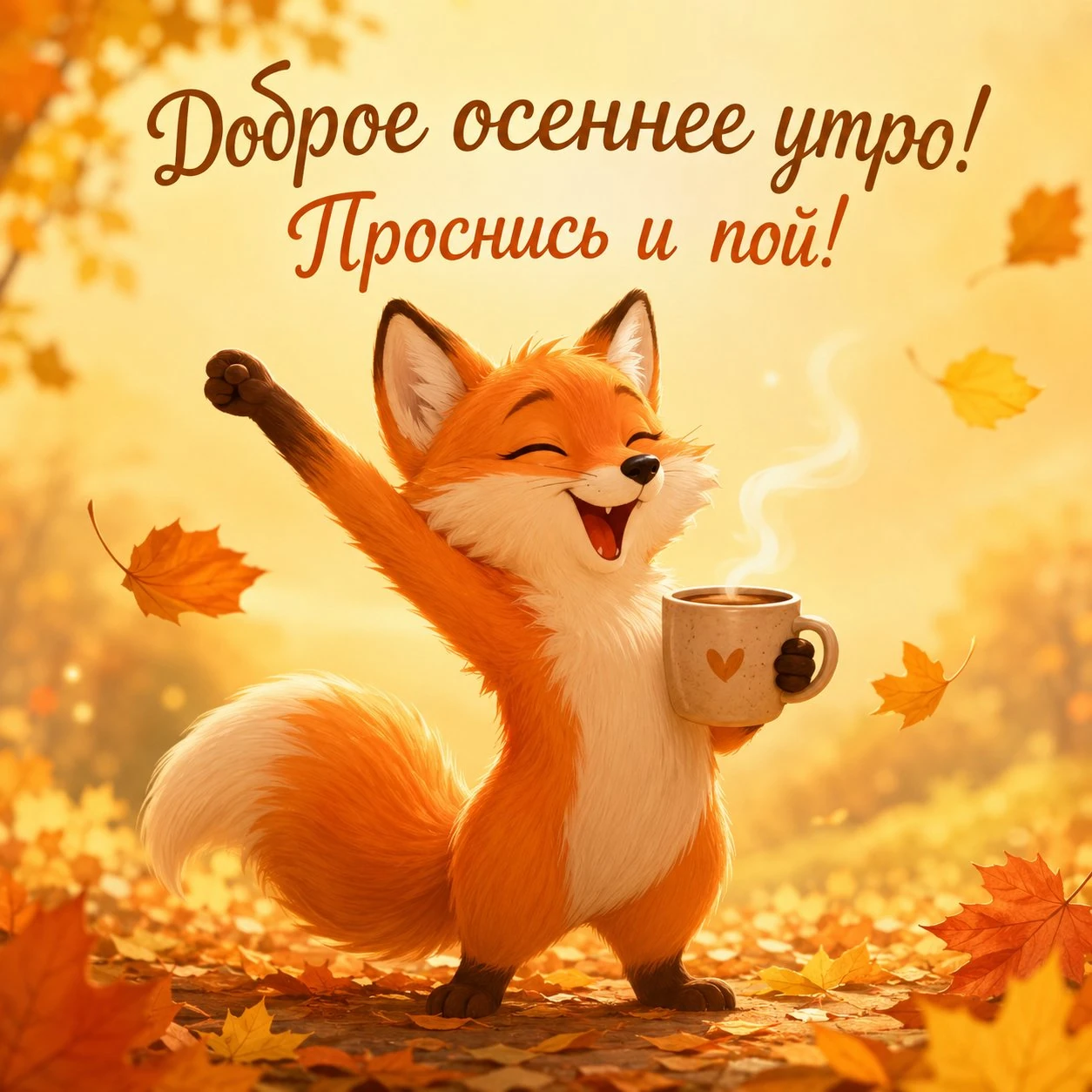 Забавная осенняя открытка с добрым утром с надписью «Проснись и пой!»