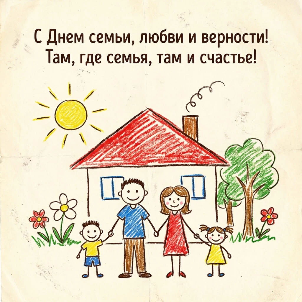 Трогательная открытка в стиле детского рисунка с поздравлением «С Днем семьи, любви и верности! Там, где семья, там и счастье!»