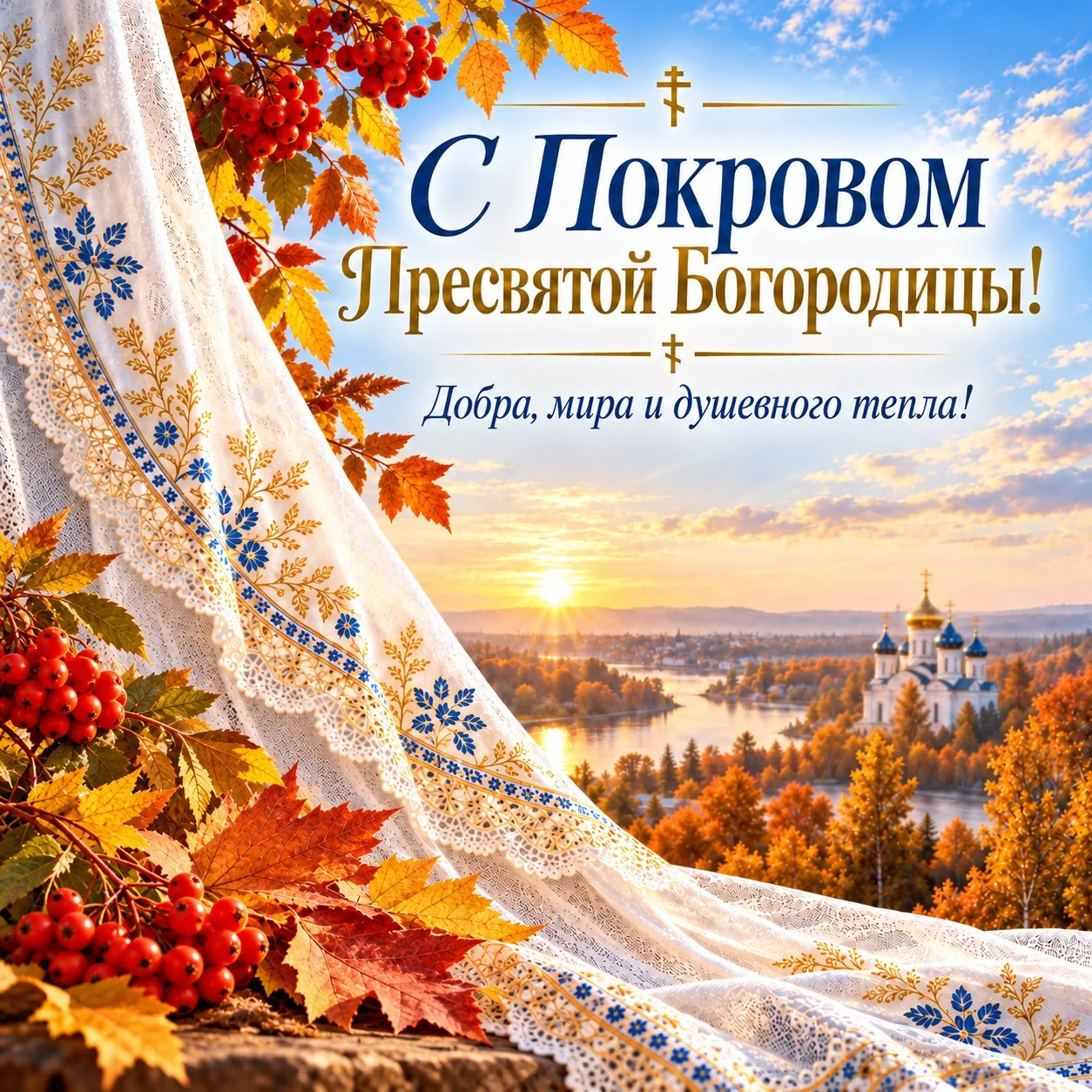 Открытка к Покрову Пресвятой Богородицы с пожеланием добра и мира