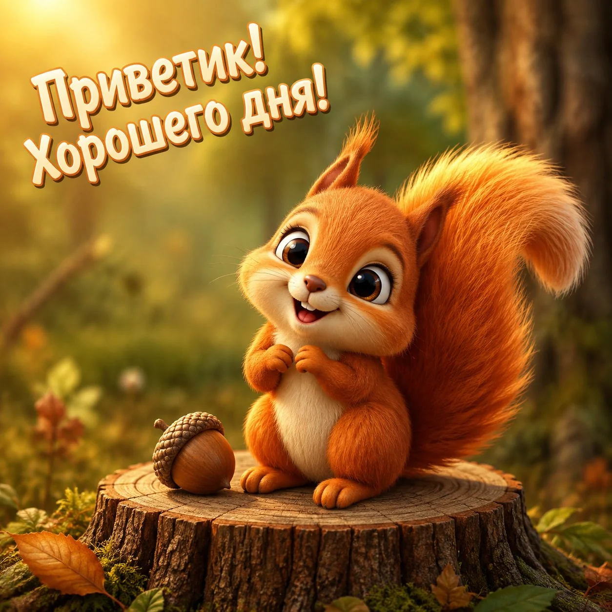 Смешная открытка с белкой и надписью «Привет! Хорошего дня!»