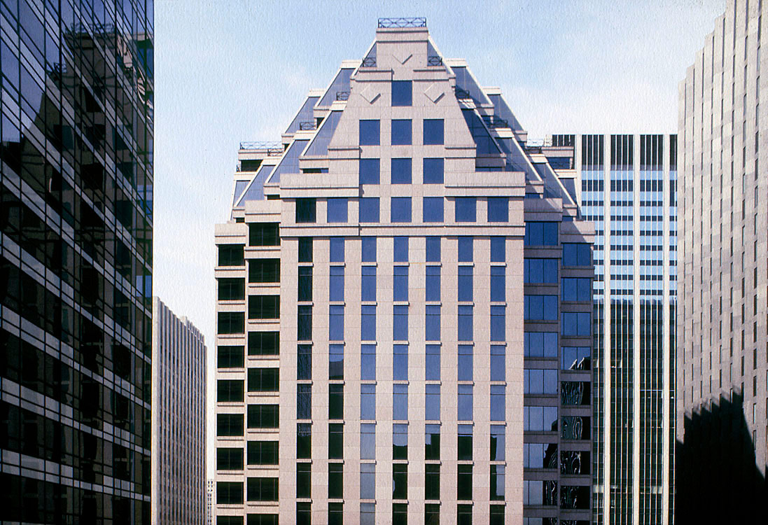 Тридцатиэтажный офис Deutsche Bank в&nbsp;Нью-Йорке площадью 63&nbsp;тыс.&nbsp;кв. м был построен в&nbsp;1988 году. Башня вписывается в&nbsp;окружающее пространство, но&nbsp;сохраняет свою индивидуальность, подчеркивается на&nbsp;странице проекта. Снаружи стены небоскреба отделаны серым гранитом, внутри&nbsp;&mdash;&nbsp;розовым гранитом и&nbsp;темным зеркальным стеклом