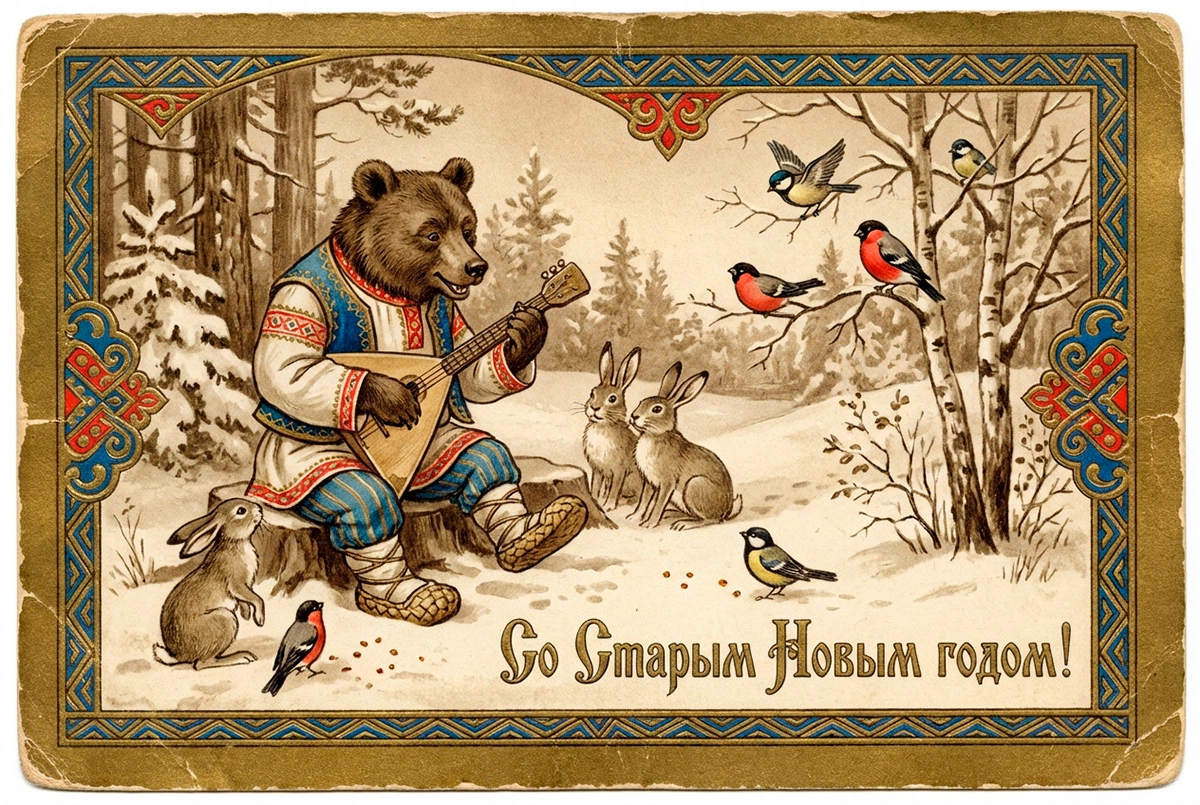 15 открыток на Старый Новый год — 2026: советские и в стиле ретро