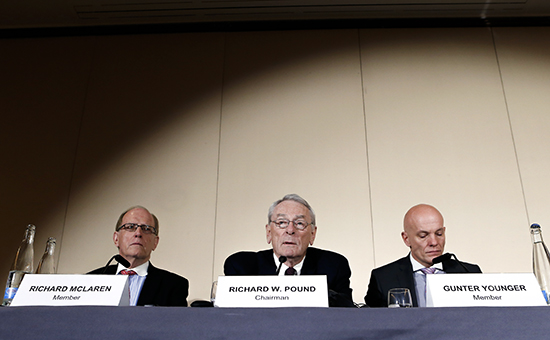 Представители комиссии WADA (Всемирное антидопинговое агентство) во&nbsp;время пресс-конференции в&nbsp;Женеве