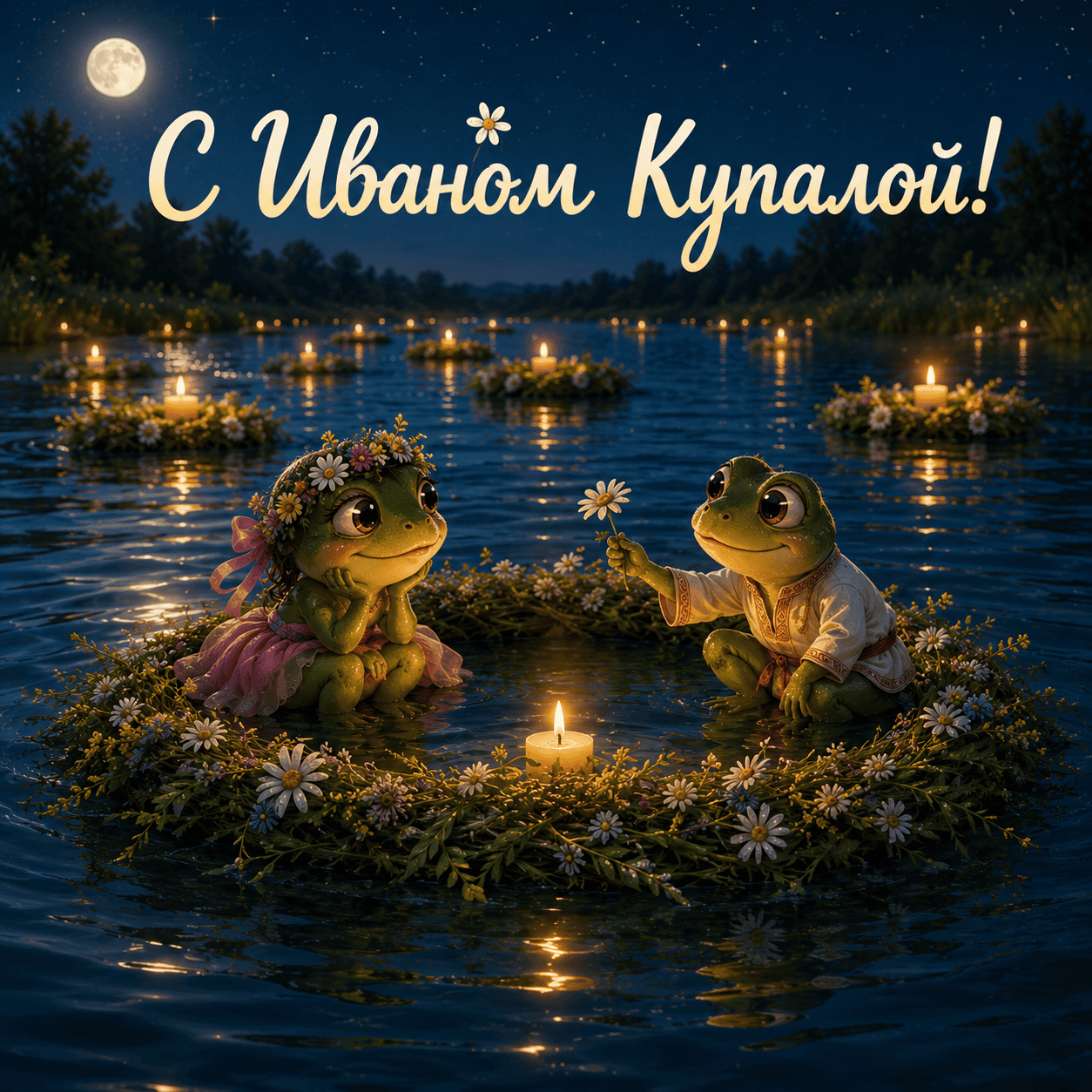 Красивая открытка с Иваном Купалой и двумя лягушками на воде