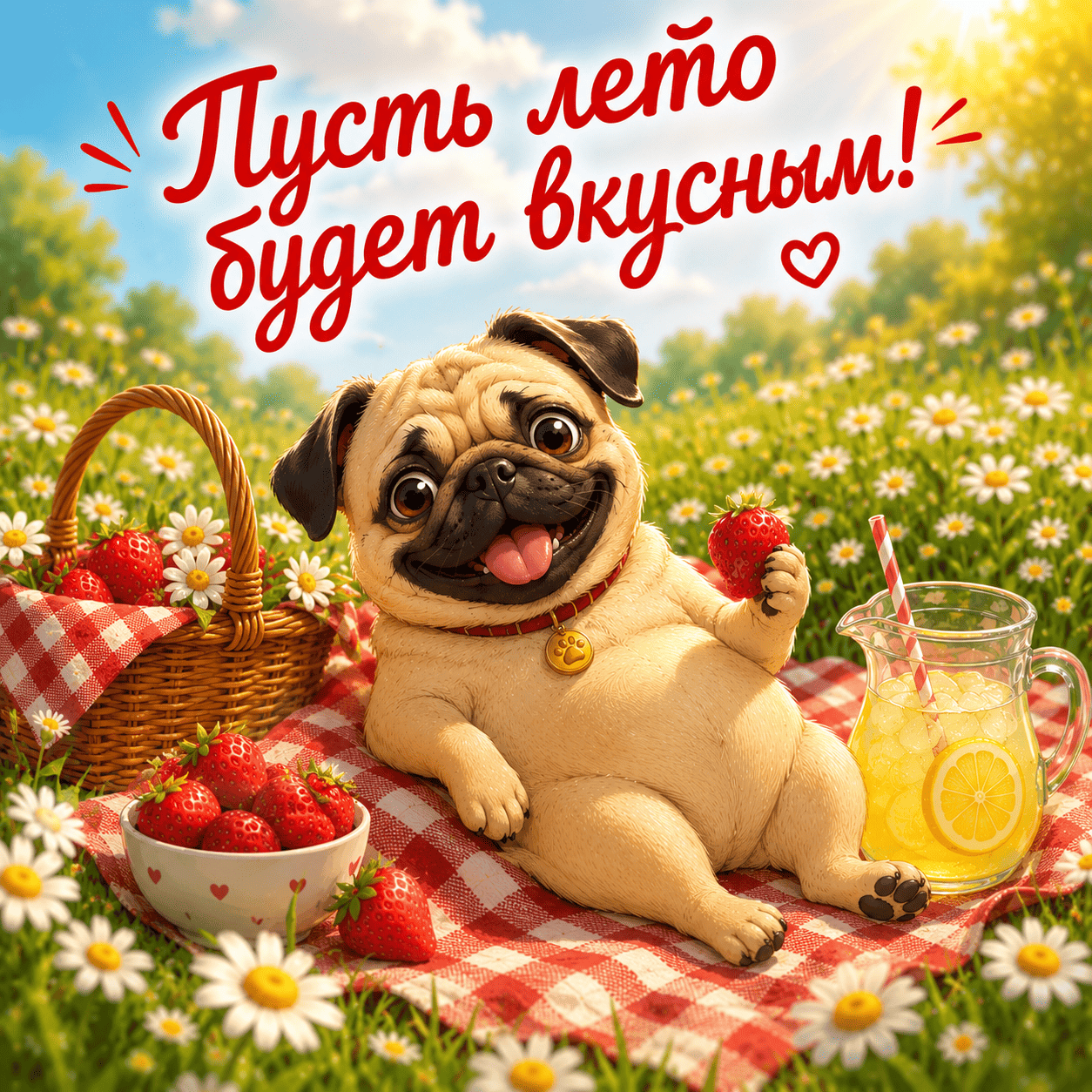 Открытка с мопсом на пикнике и надписью «Пусть лето будет вкусным!»