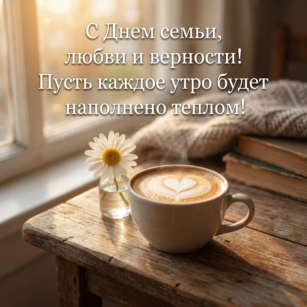 Уютная открытка с надписью «С Днем семьи, любви и верности! Пусть каждое утро будет наполнено теплом!»