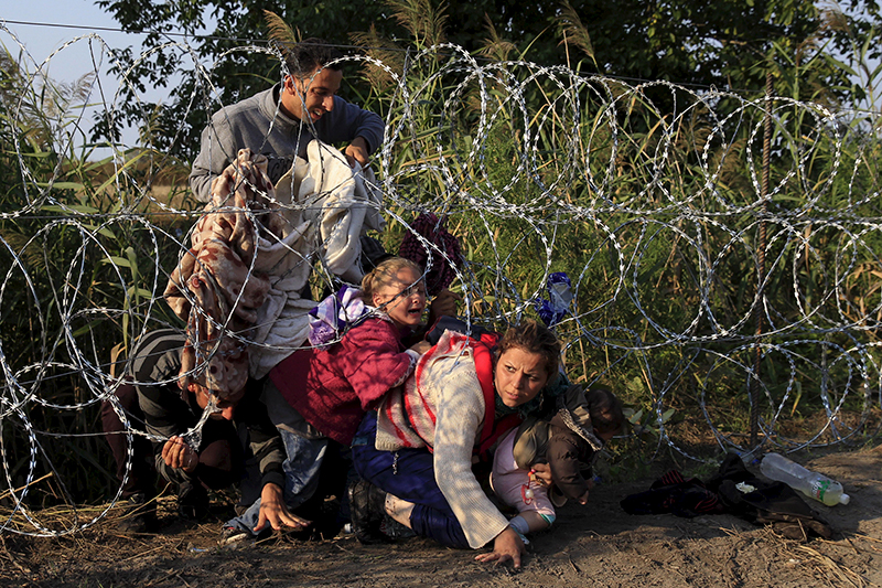 Сирийские мигранты пытаются пролезть под забором, чтобы пересечь сербско-венгерскую границу в районе города Рёске


