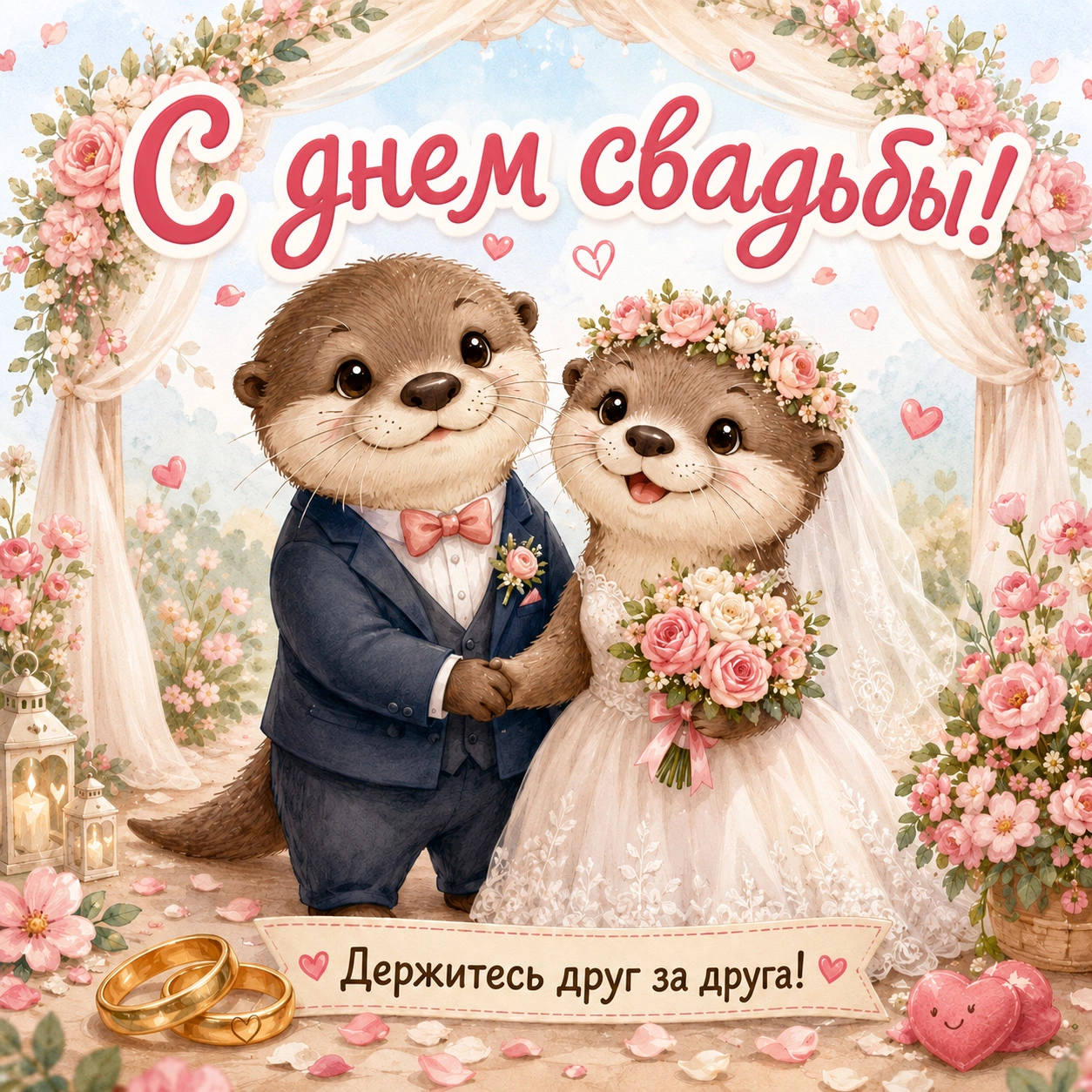 Открытка с надписью «С днем свадьбы! Держитесь друг за друга!»