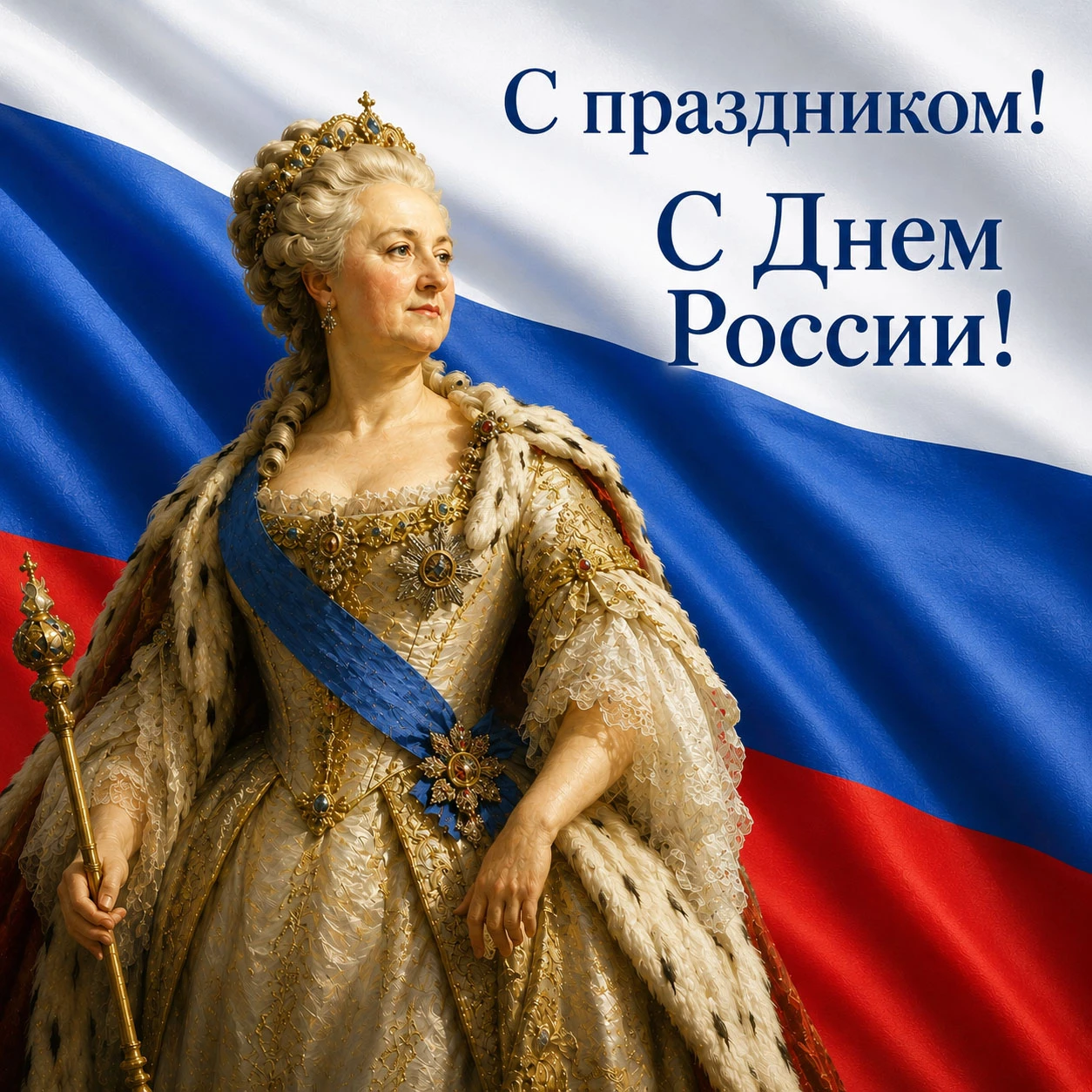 Екатерина II на фоне флага и надпись «С праздником! С Днем России!»