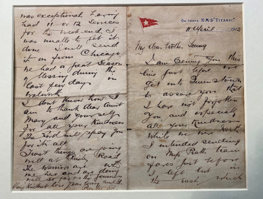 Письмо, которое Джон Харпер написал на &laquo;Титанике&raquo; 12 апреля 1912 года