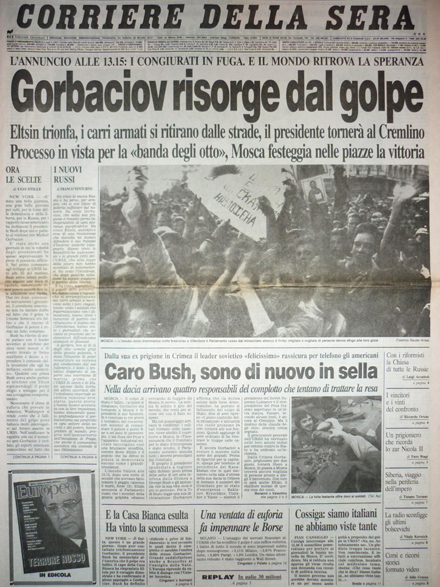 Corriere della Sera, Италия. Заголовок: &laquo;Горбачев восстает против переворота&raquo;