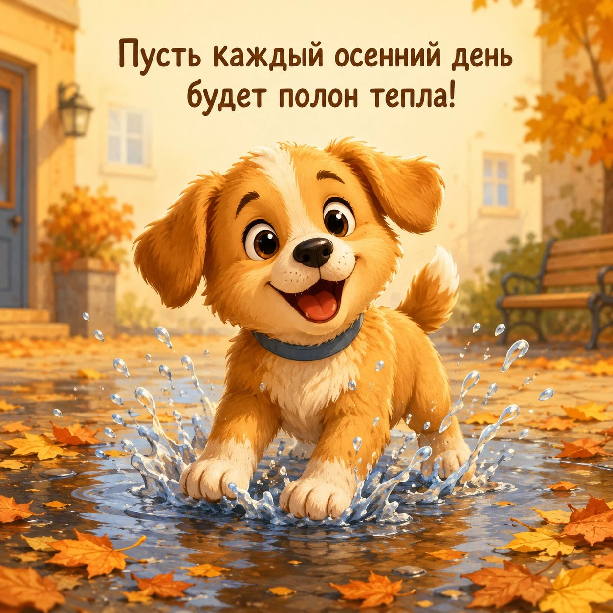 Милая осенняя открытка со щенком