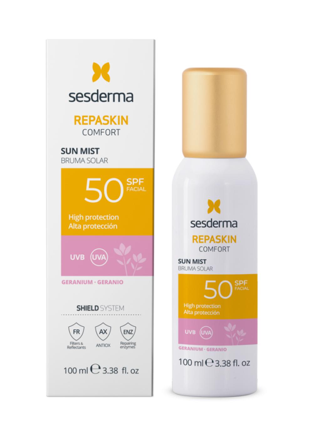 Спрей-мист солнцезащитный Geranium SPF 50, Repaskin Comfort, Sesderma, 4172 руб. (sesderma.ru)