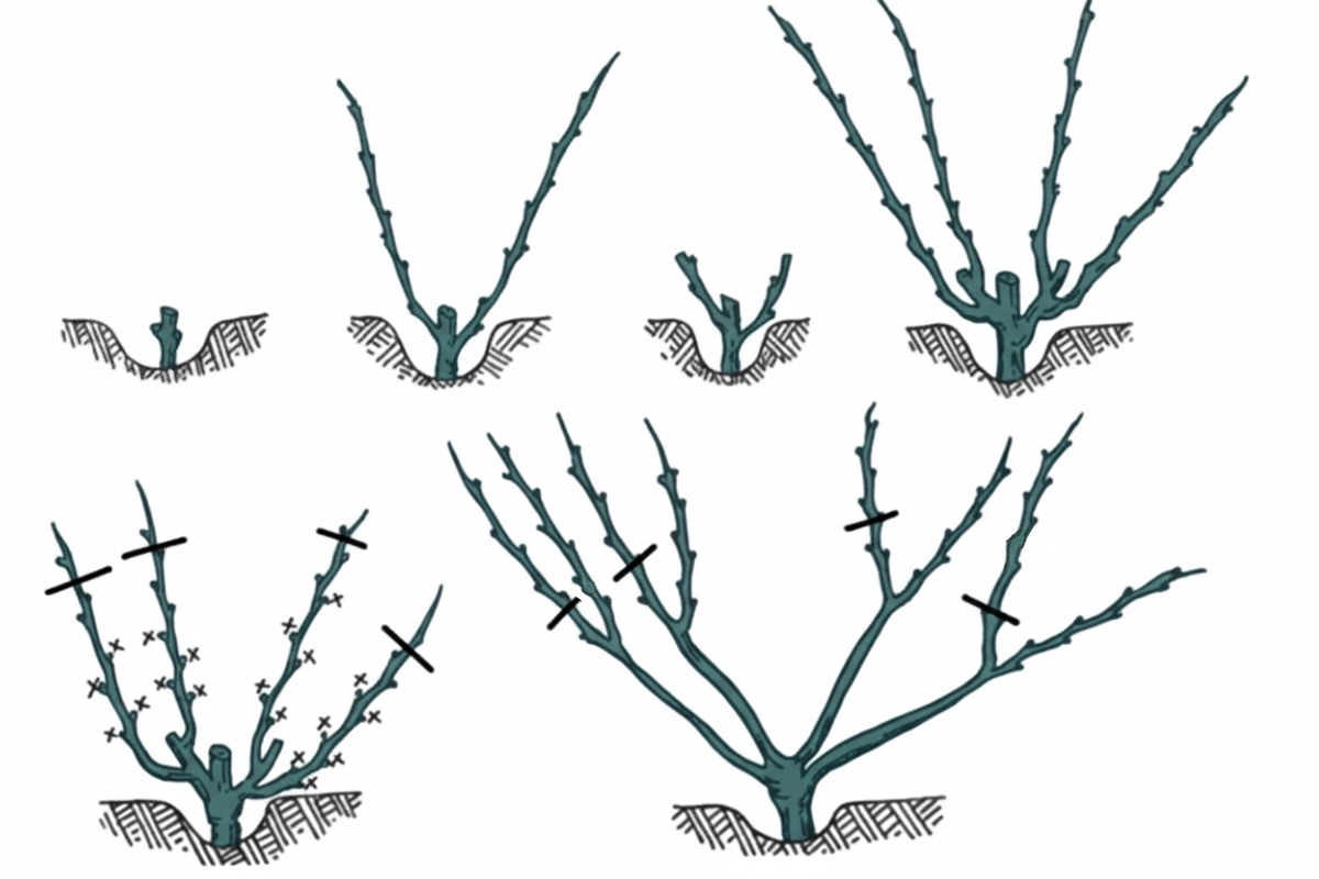 При бесштамбовой веерной формировке кусты обрезают на два — шесть хорошо развитых, вызревших побегов длиной 40–60 см