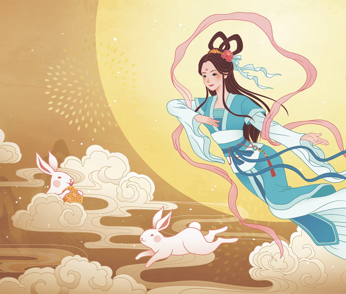 Кролик живет в Лунном дворце вместе с богиней Чанъэ и толчет в волшебной ступке снадобья для эликсира, дарующего вечную жизнь