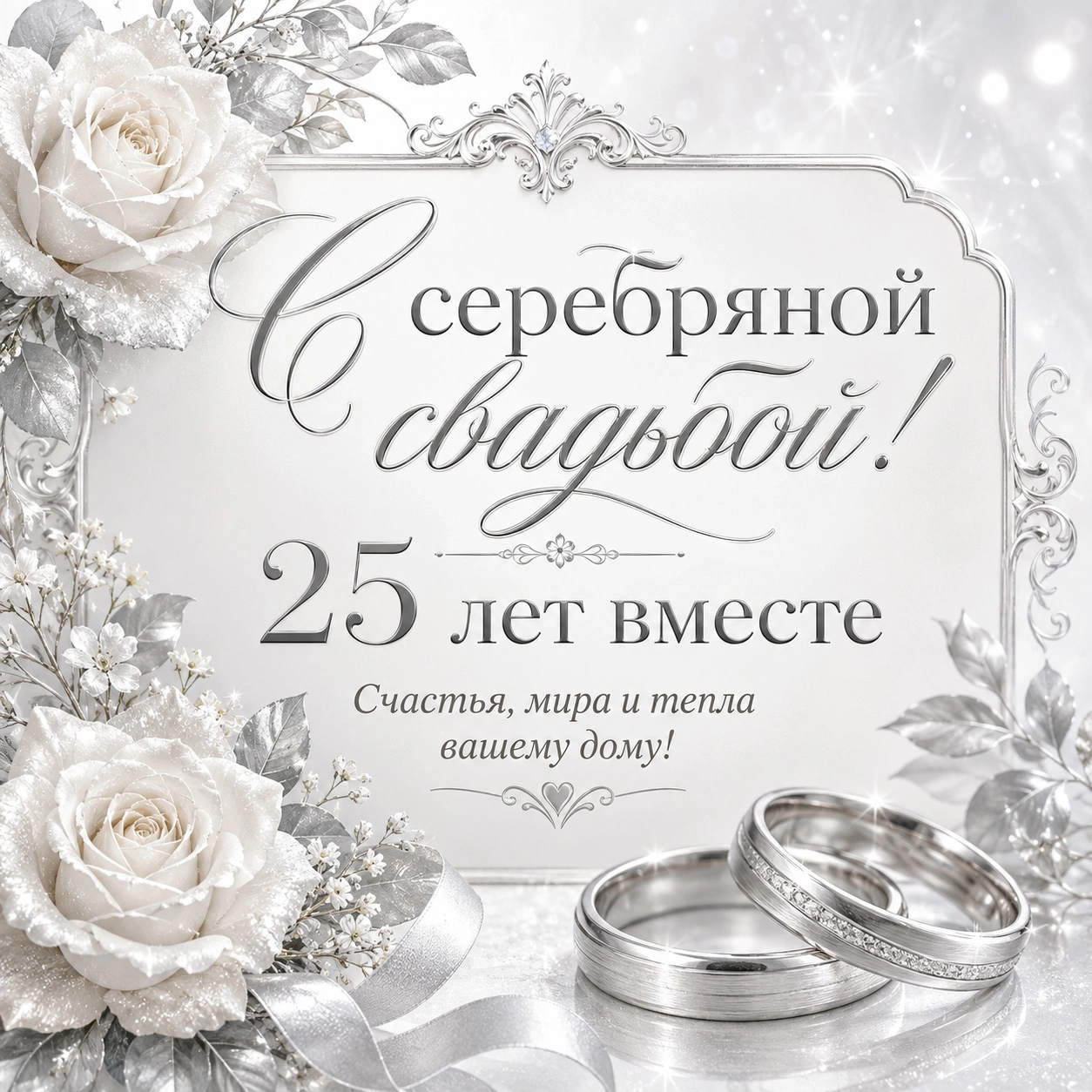 Элегантная открытка с серебряной свадьбой и пожеланием «Счастья, мира и тепла вашему дому!»