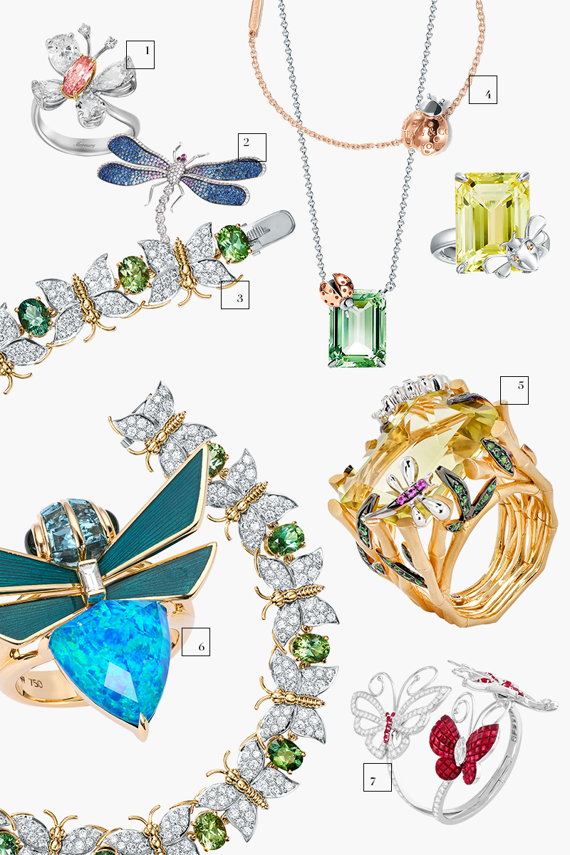 1) Кольцо Butterfly, Mercury
2) Брошь Dragonfly, Roberto Coin
3) Колье Butterfly, Tiffany &amp; Co. Schlumberger
4) Браслет, колье, подвески Love Bugs Return to Tiffany, Tiffany &amp; Co.
5) Кольцо Garden Collection, Roberto Coin
6) Кольца Jitterbugs, Stephen Webster
7) Браслет Treasure of Rubies, Van Cleef &amp; Arpels
