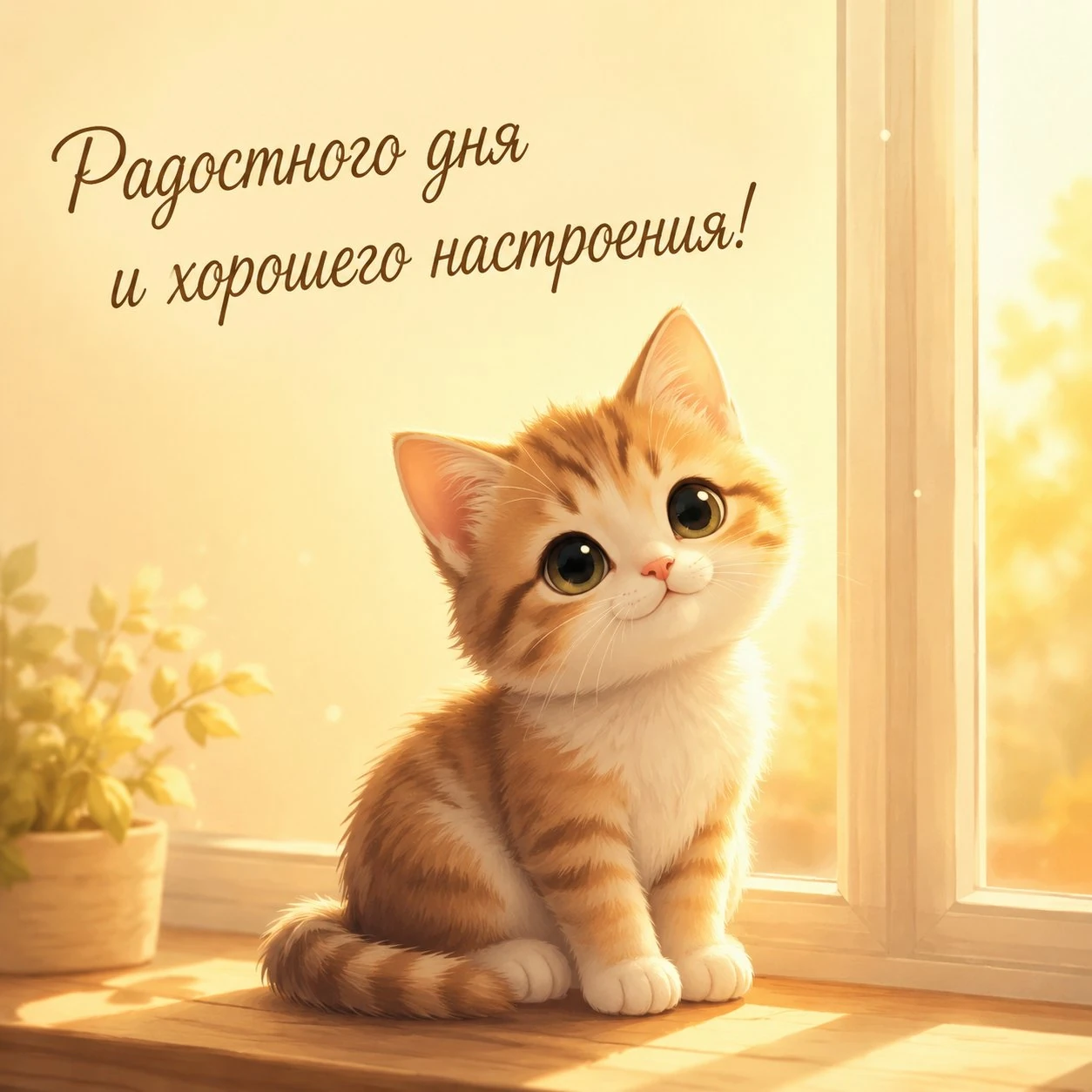 Милая открытка с котенком и пожеланием радостного дня
