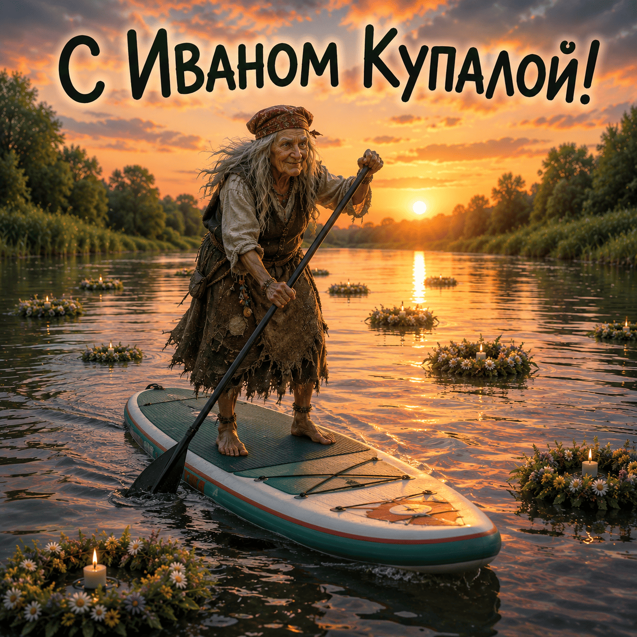 Открытка с Бабой-Ягой на сапборде и надписью «С Иваном Купалой!»