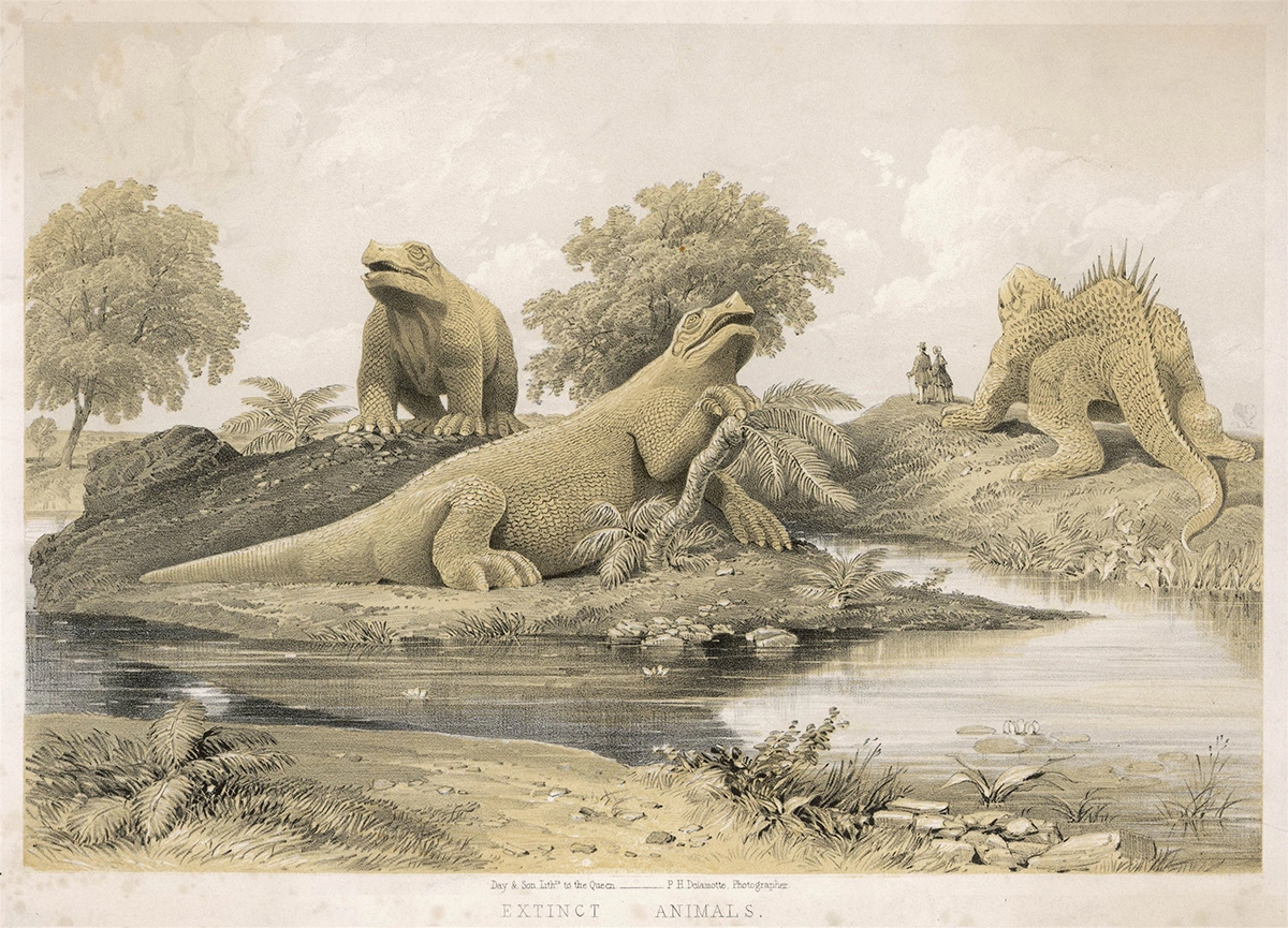 <p>Модель динозавра и других видов в Хрустальном дворце (Лондон). Фигуры создал Уотерхауз Хокинс приблизительно в 1854 году</p>