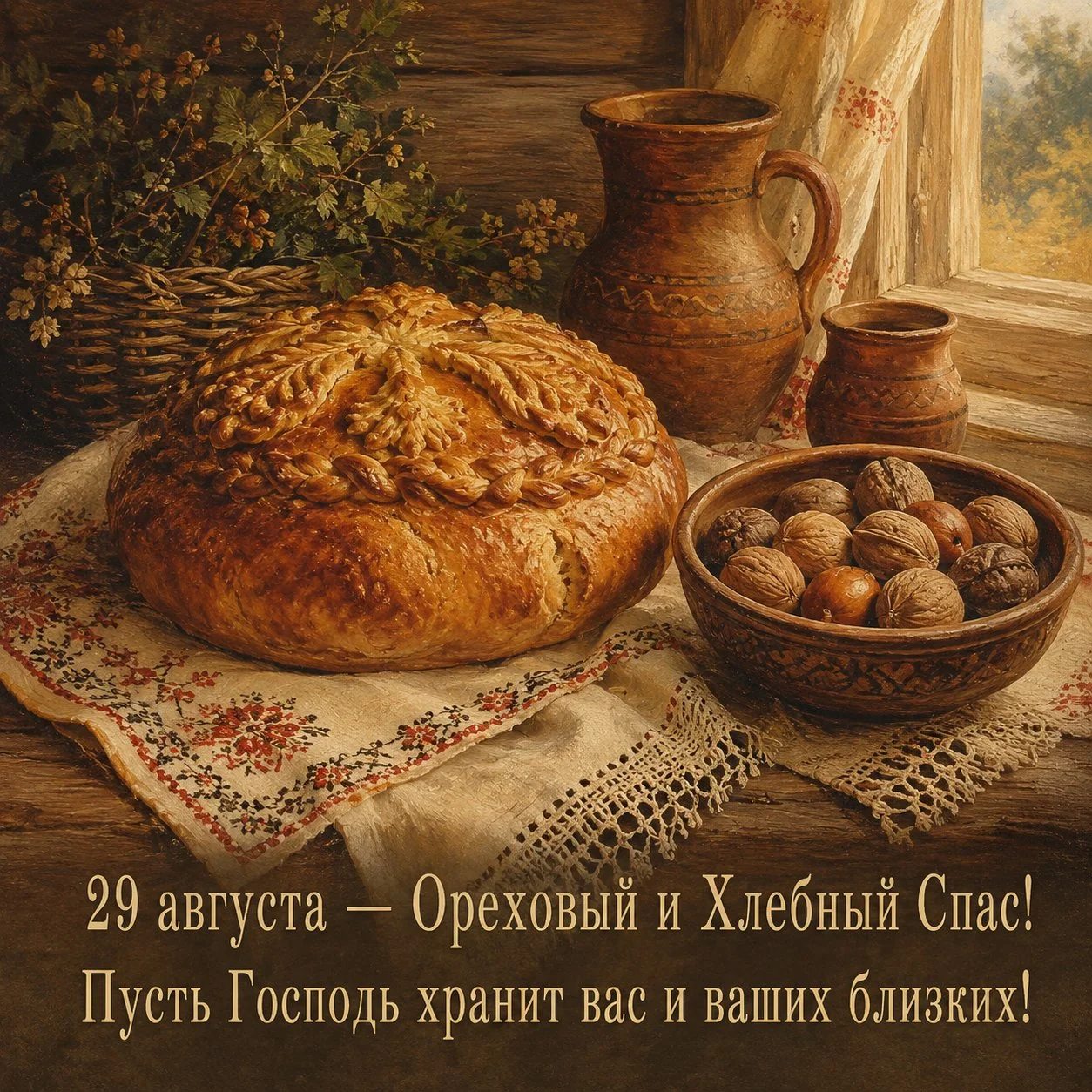 Открытка с Ореховым и Хлебным Спасом в деревенском стиле