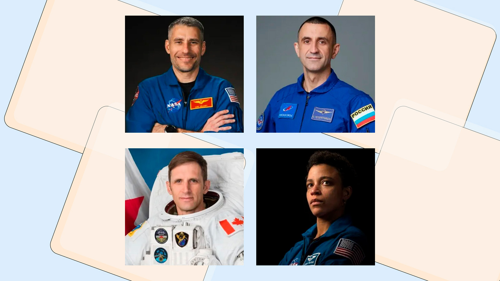 Астронавт NASA Люк Дилейни, космонавт «Роскосмоса» Сергей Тетерятников, Джошуа Кутрик из Канадского космического агентства и астронавт NASA Джессика Уоткинс