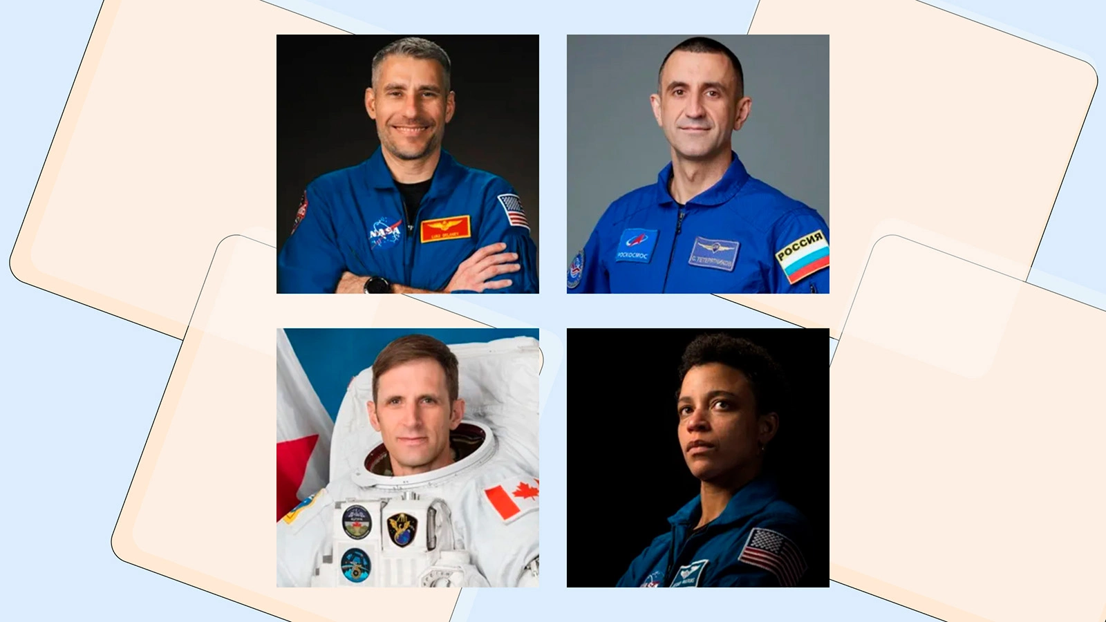 Астронавт NASA Люк Дилейни, космонавт «Роскосмоса» Сергей Тетерятников, Джошуа Кутрик из Канадского космического агентства и астронавт NASA Джессика Уоткинс