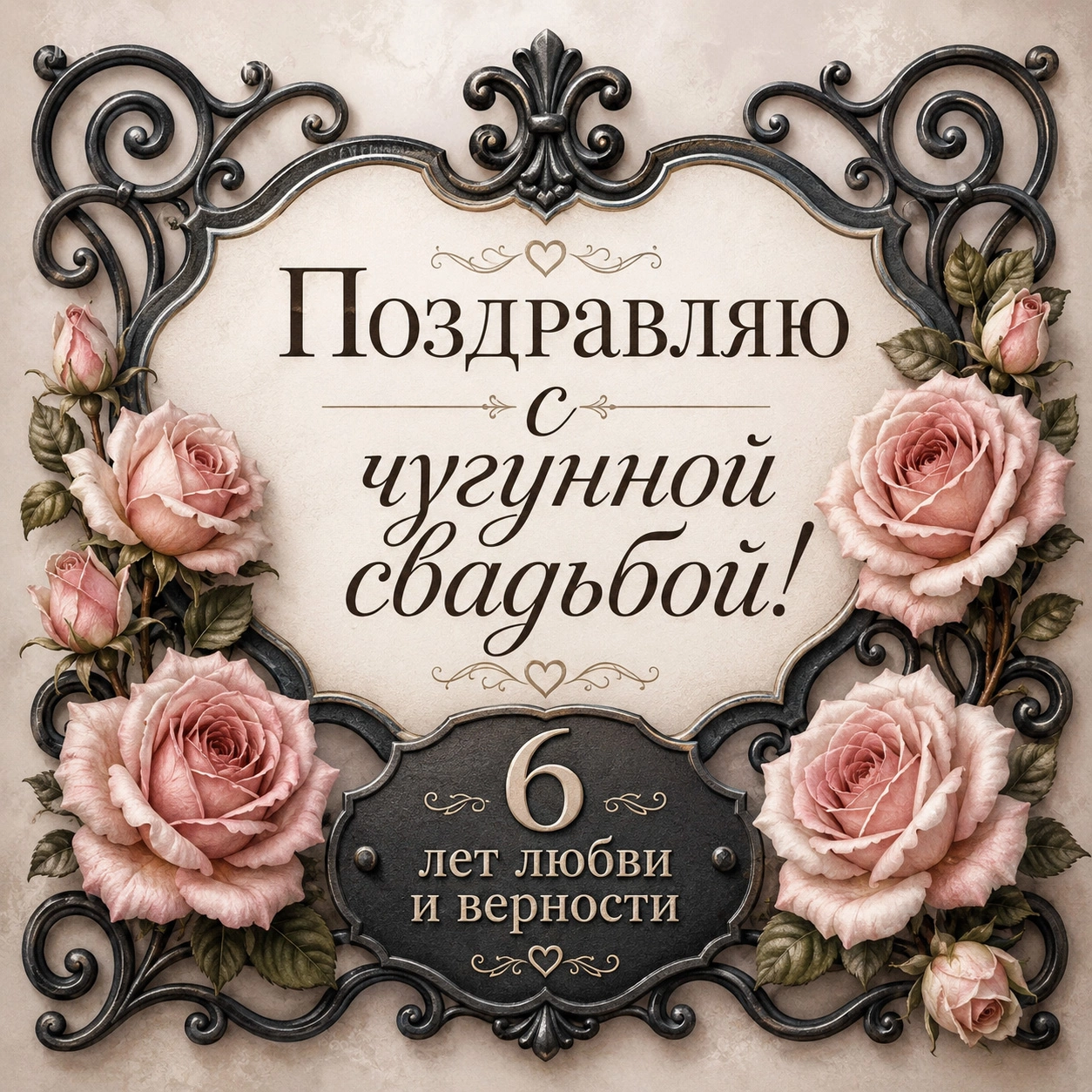 Открытка с розами и поздравлением с чугунной свадьбой