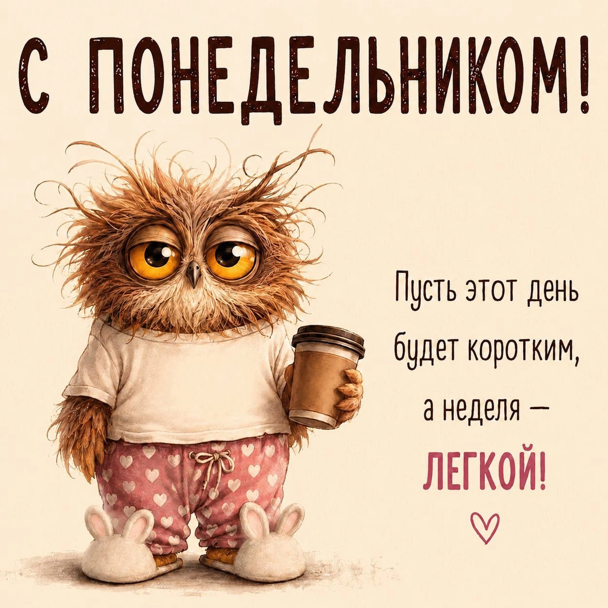 Прикольная открытка с совой и пожеланием легкой недели