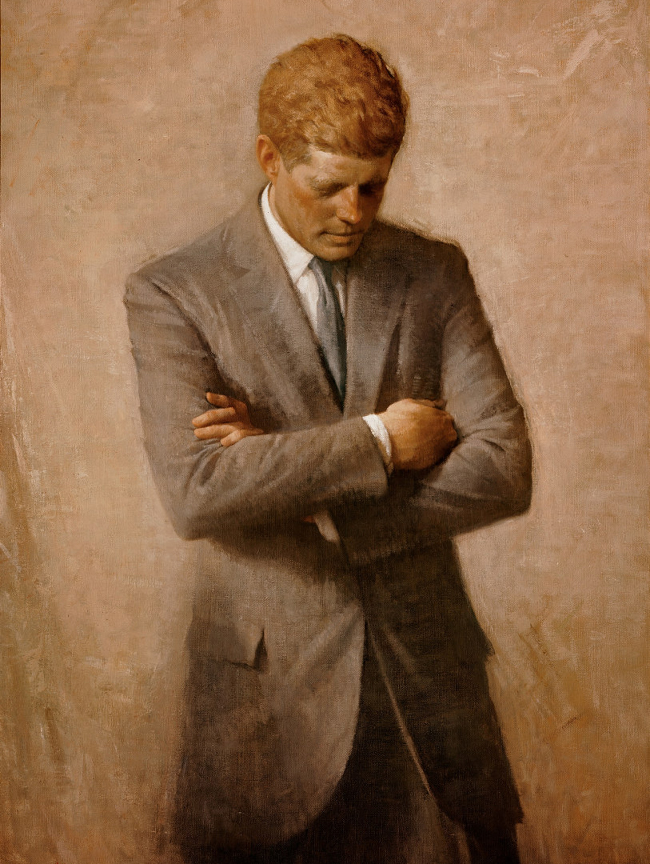 Джон Ф. Кеннеди, 1970 год. Художник&nbsp;&mdash; Аарон Шиклер

Портрет заказала вдова Жаклин Кеннеди, он был выполнен посмертно. На изображение президента в необычной позе художника вдохновила фотография Эдварда Кеннеди, снятая, когда тот стоял возле могилы брата.