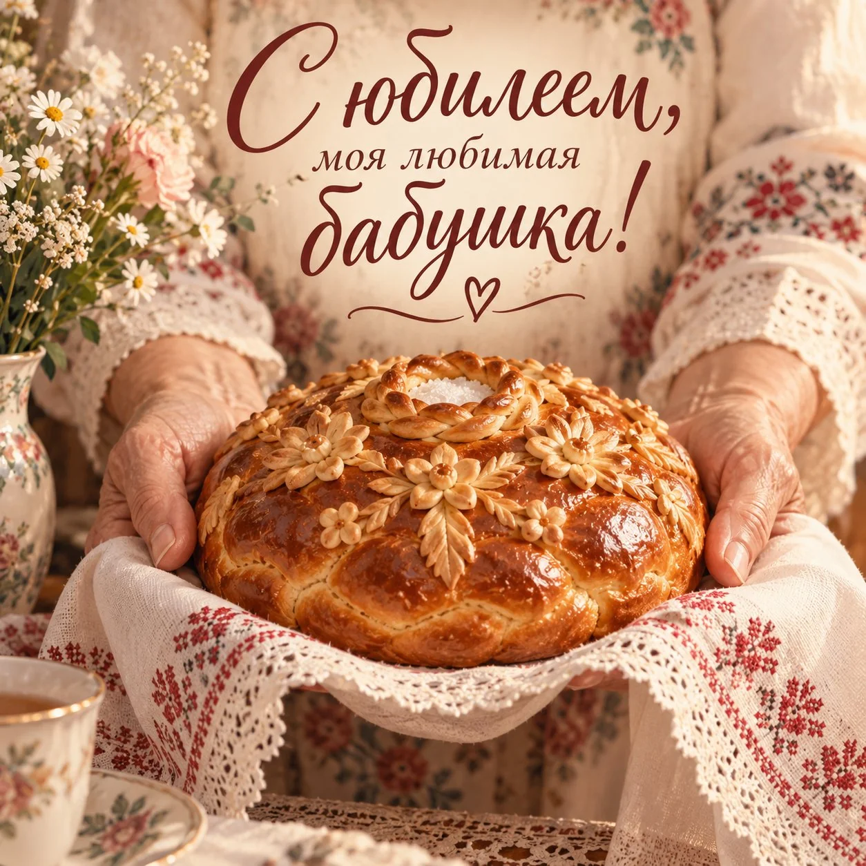 Красивая открытка с юбилеем бабушке и тортом