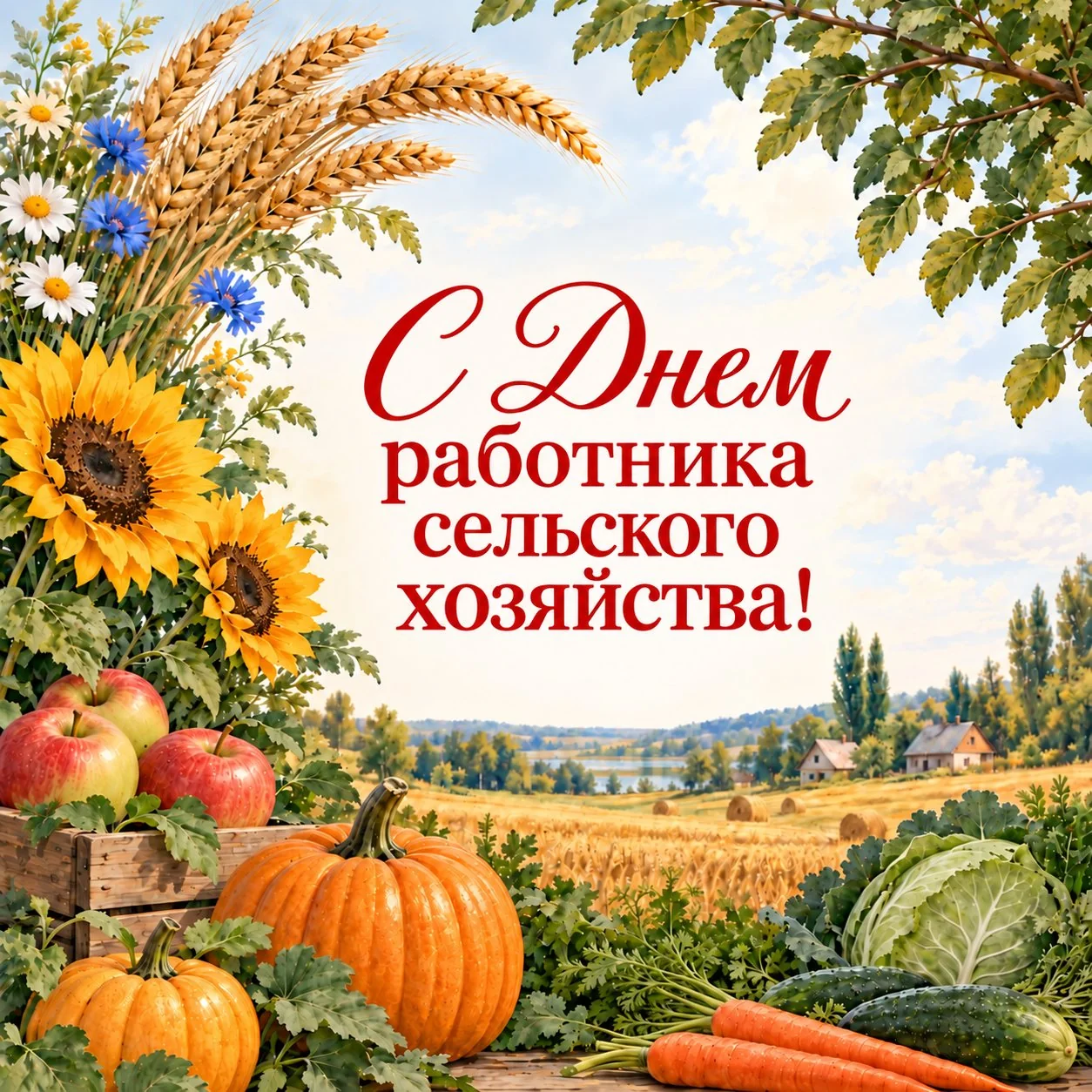 Открытка ко Дню работника сельского хозяйства с урожаем