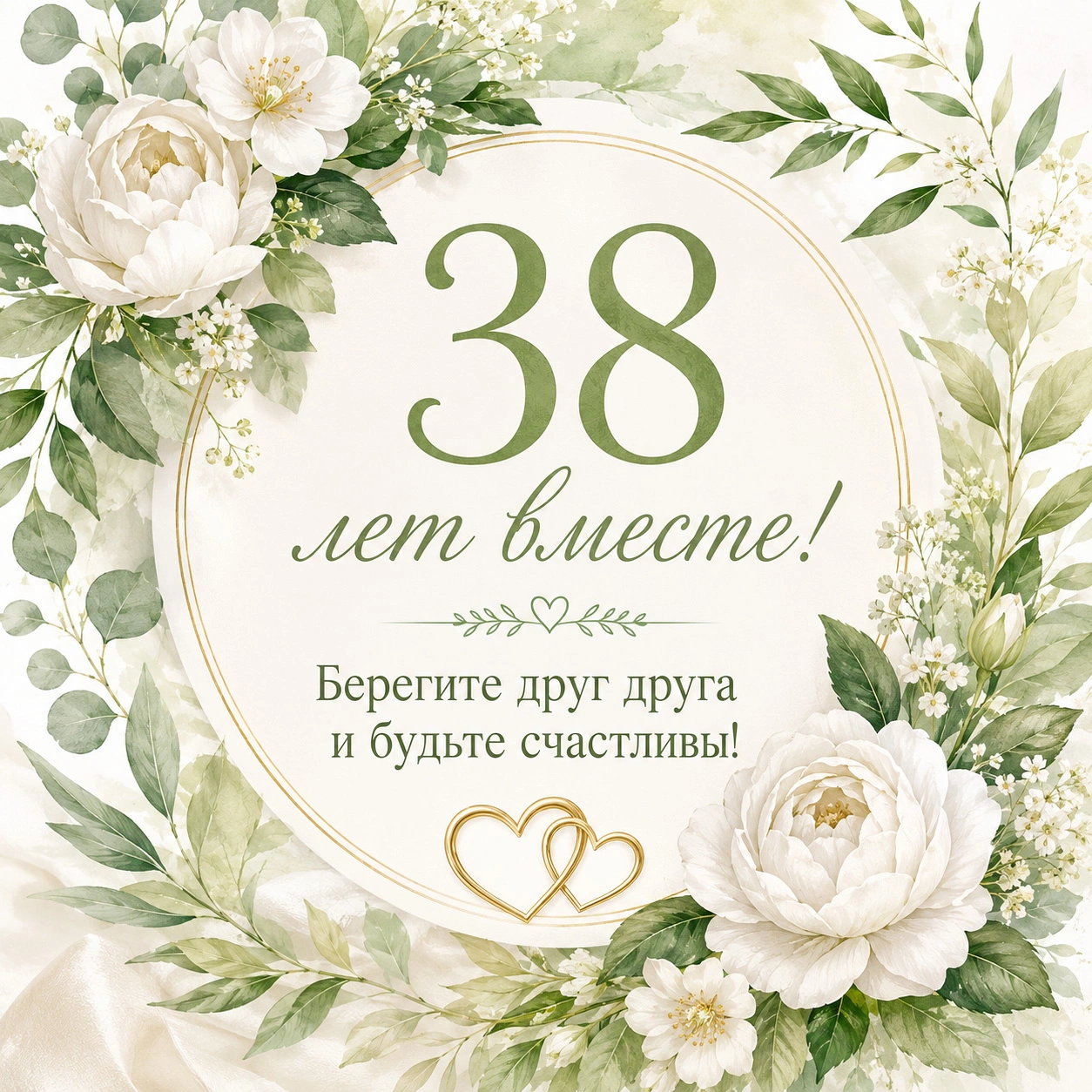 Открытка с годовщиной свадьбы родителям с надписью «38 лет вместе! Берегите друг друга и будьте счастливы!»