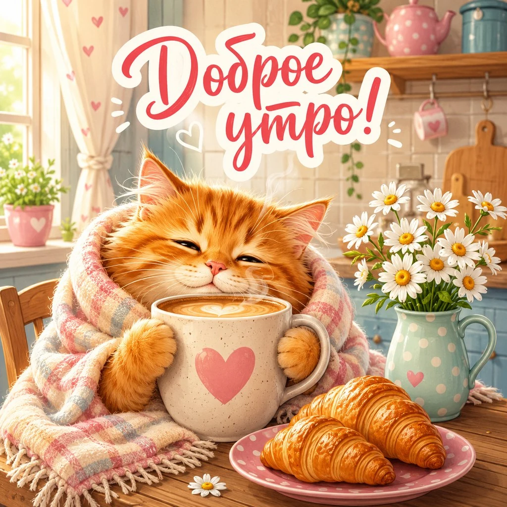 Прикольная открытка с добрым утром с котом в пледе