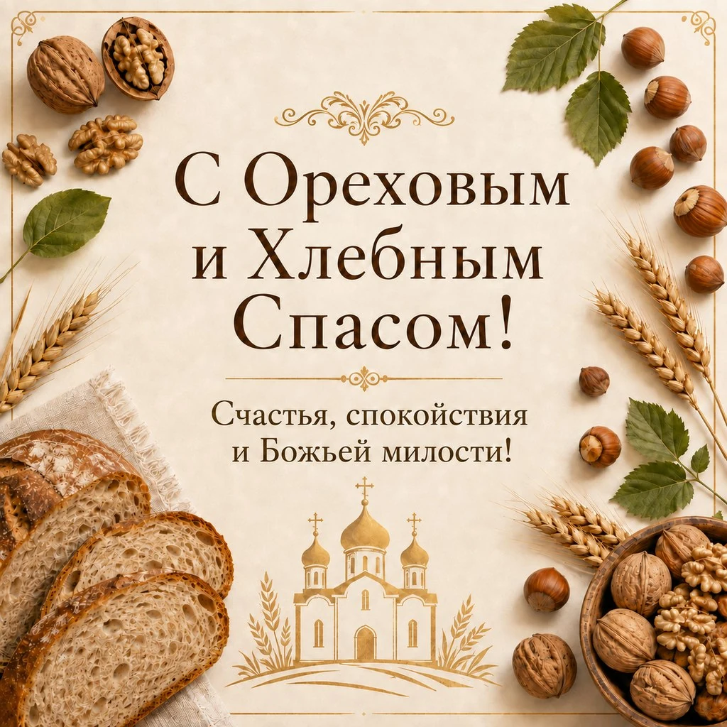 Красивая открытка с Ореховым и Хлебным Спасом с пожеланием Божьей милости
