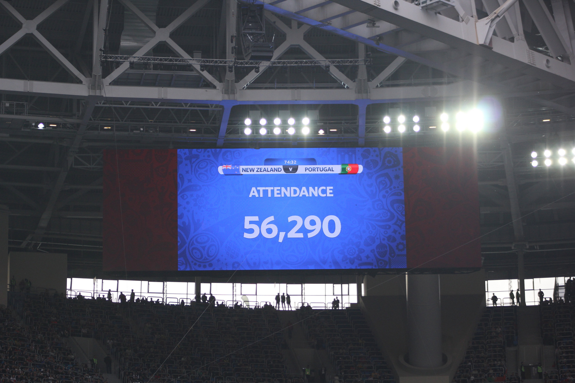 Матч:  Новая Зеландия &mdash; Португалия

Стадион:  &laquo;Санкт-Петербург Арена&raquo;

Посещаемость: 56&nbsp;290

Вместимость:  57&nbsp;268

На групповом этапе матч между Новой Зеландией и Португалией стал самым посещаемым &mdash; посмотреть на Криштиану Роналду пришли более полусотни тысяч зрителей. До аншлага этот матч не&nbsp;дотянул совсем немного
