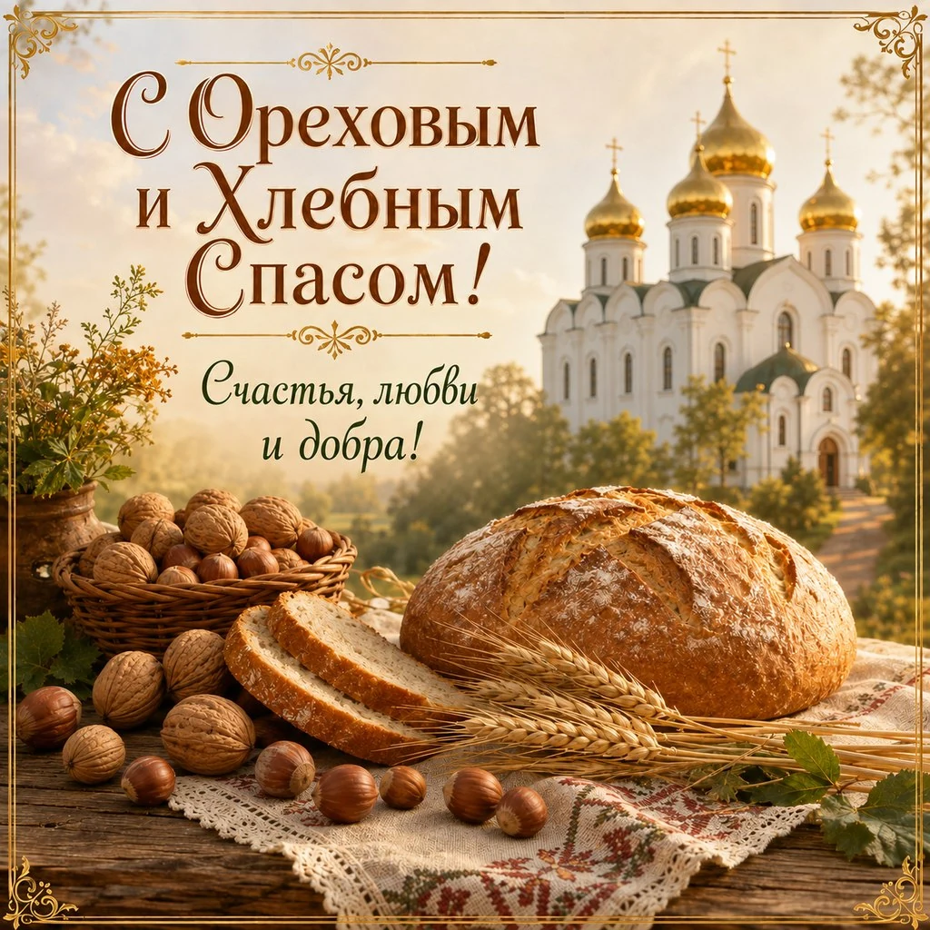 Открытка с Ореховым и Хлебным Спасом с храмом и корзиной орехов