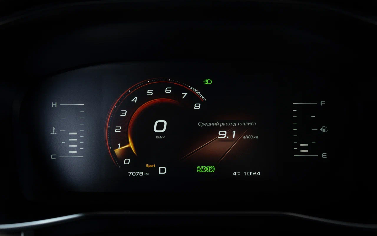 Цифровая приборная в Belgee X70 простая и понятная — с отдельной темой для каждого из режимов. Дисплею не хватает контрастности, на солнце ощутимо бликует