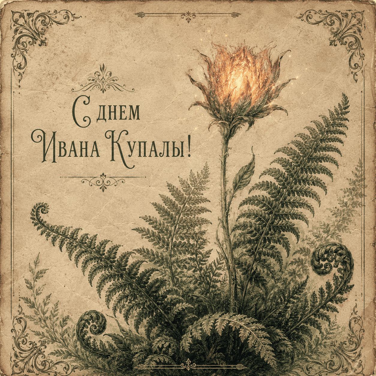 Открытка с цветком папоротника и надписью «С днем Ивана Купалы!»