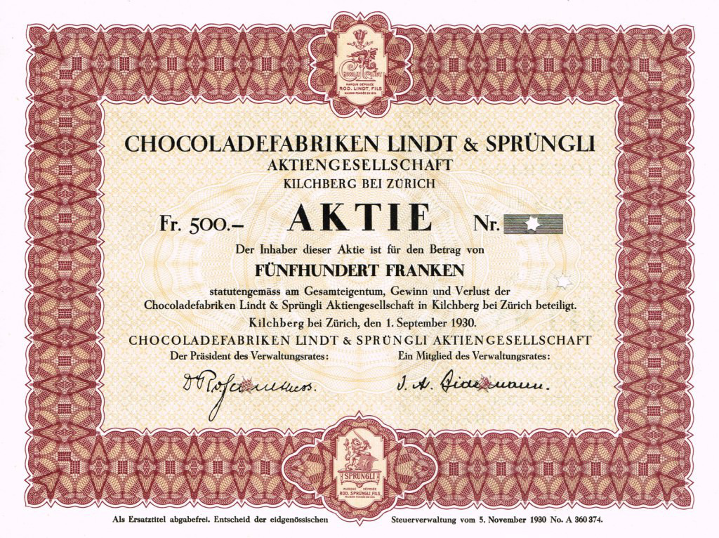 Акция шоколадной фабрики&nbsp;Lindt &amp; Spruengli AG, выпущенная 1 сентября 1930 года