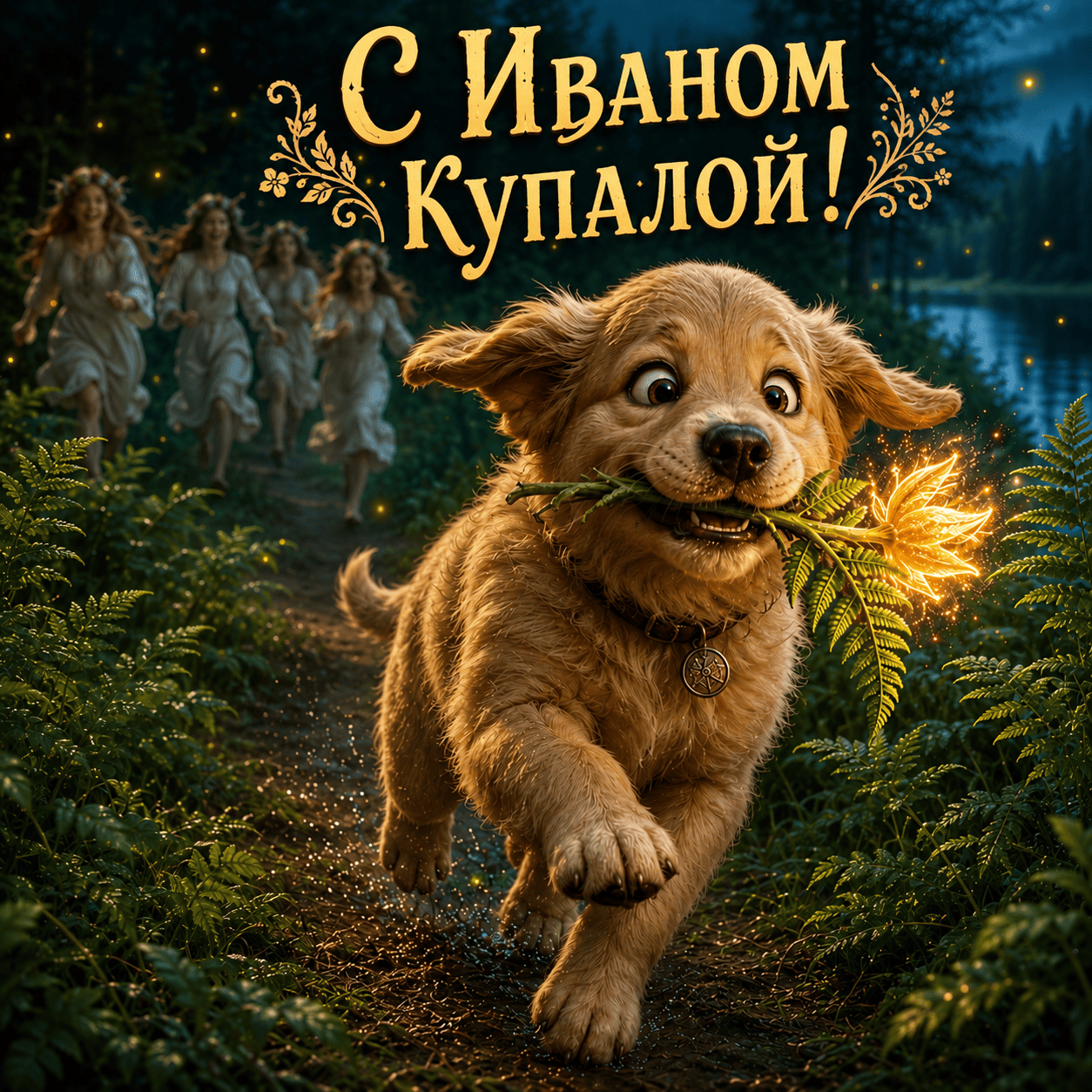 Открытка с щенком, несущим светящийся цветок, и надписью «С Иваном Купалой!»