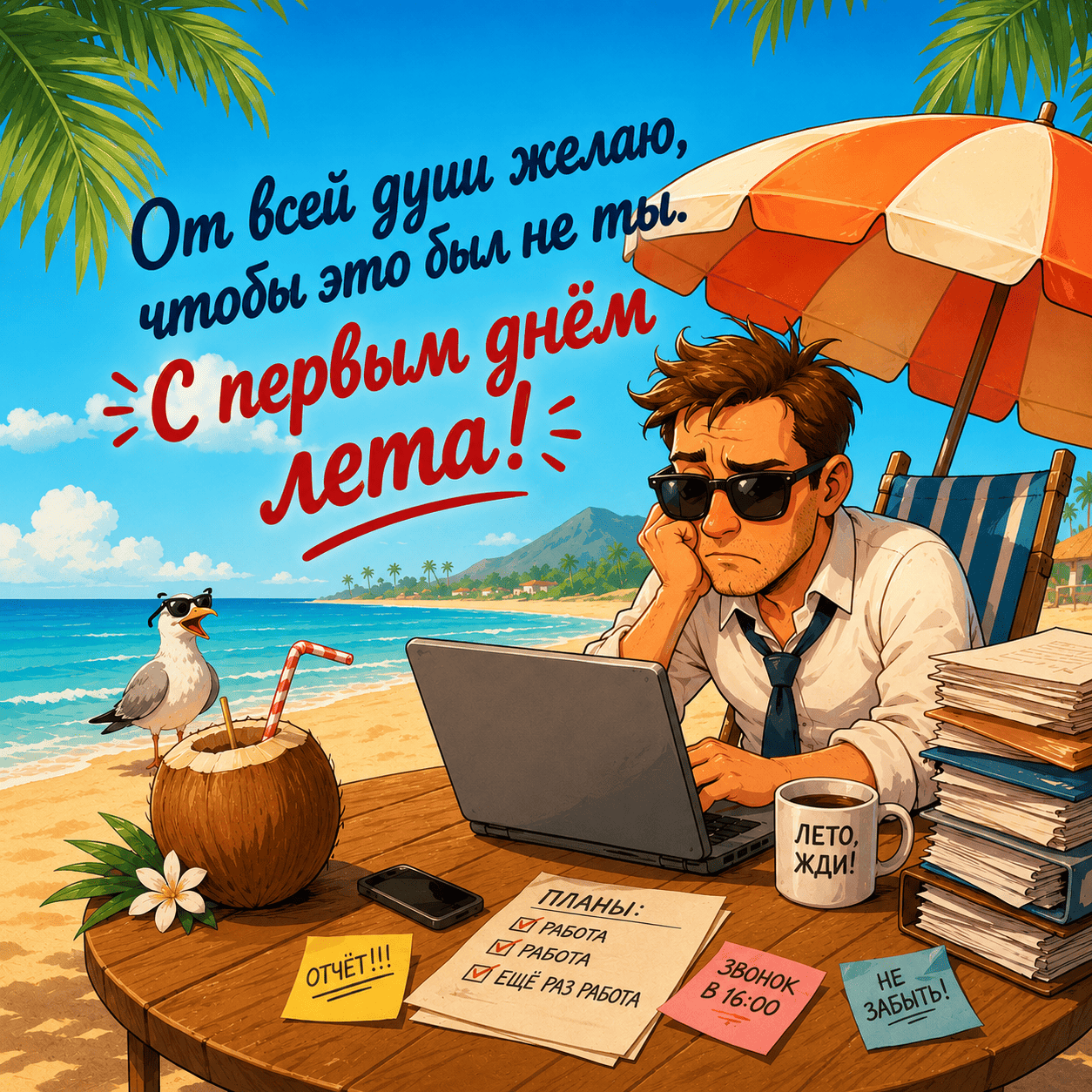 Открытка с мужчиной за ноутбуком на пляже